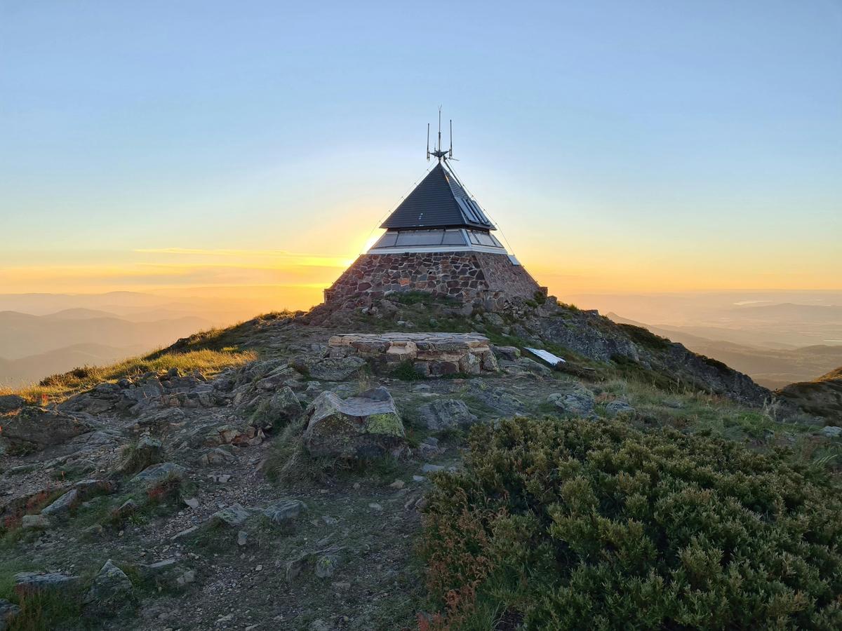 Fire tower on the summit of Mt Buller at sunset.