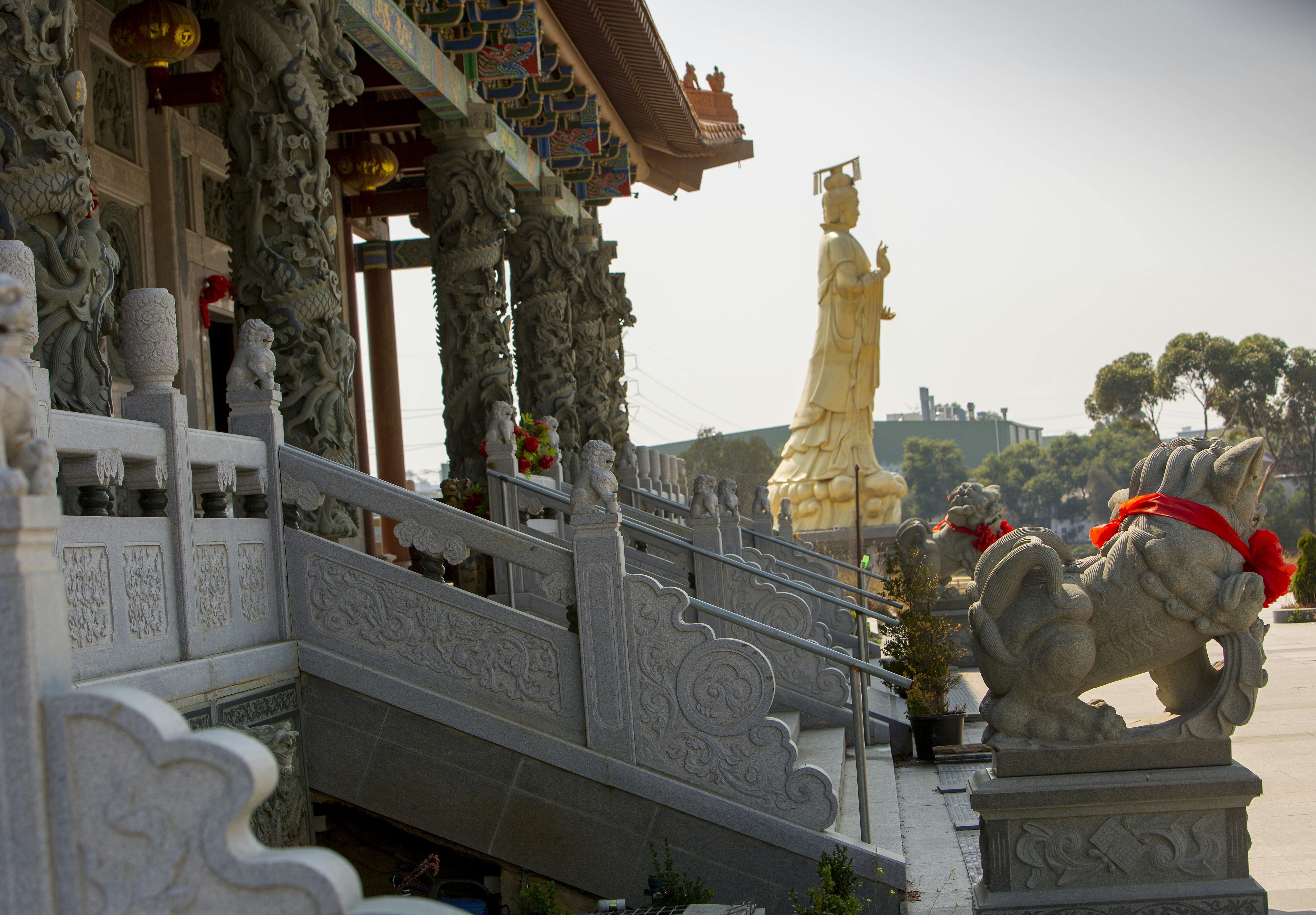 The iconic 50-foot gold-painted stainless steel statue of the Goddess of the Sea, 'Mazu'