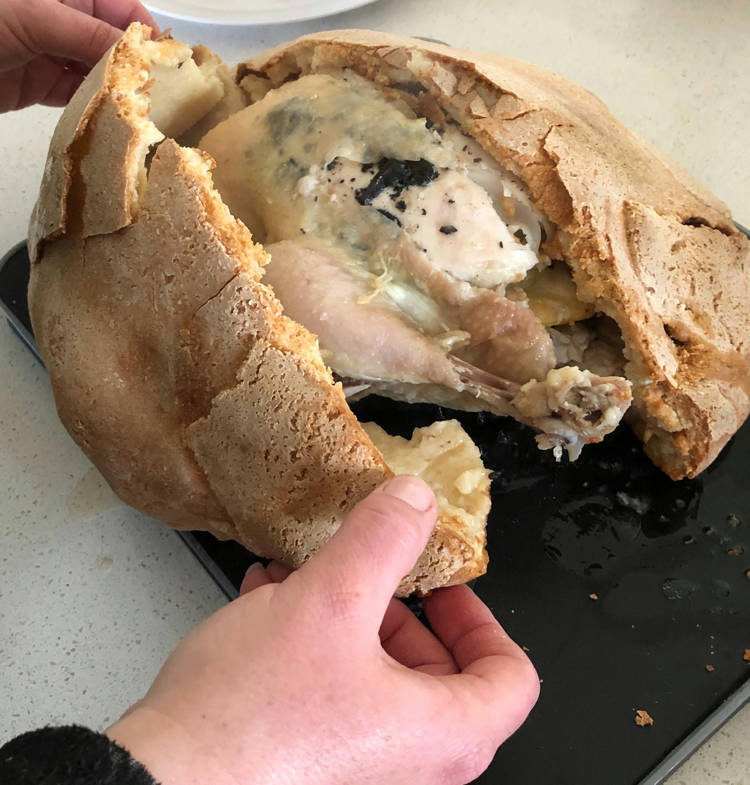 Chicken cooked in salt crust dough