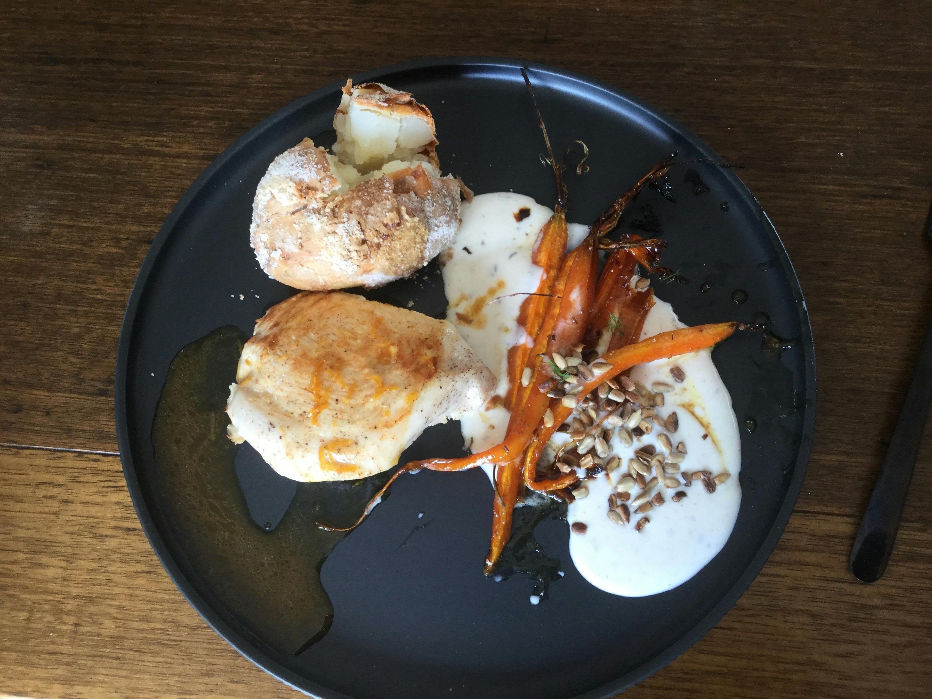 Sous vide chicken with salt crust potatoes and carrots with buttermilk caraway seed dressing