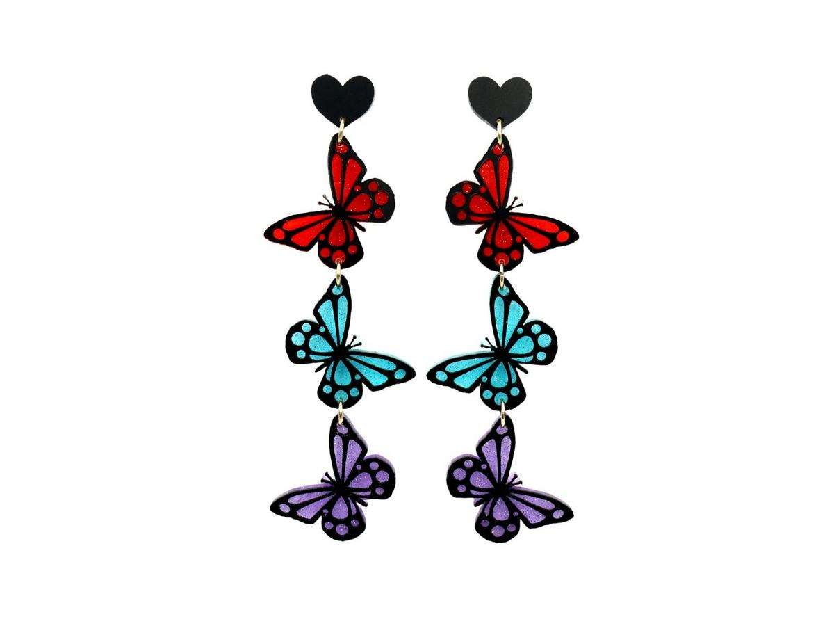 Haus of Dizzy Beautiful Budya Budya triple drop earrings - Crimson, Aqua, Orchid