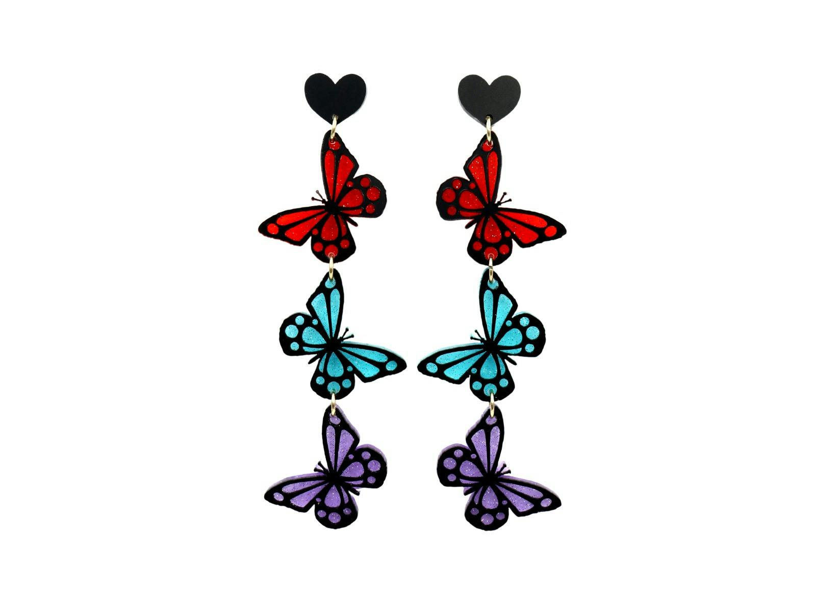 Haus of Dizzy Beautiful Budya Budya triple drop earrings - Crimson, Aqua, Orchid