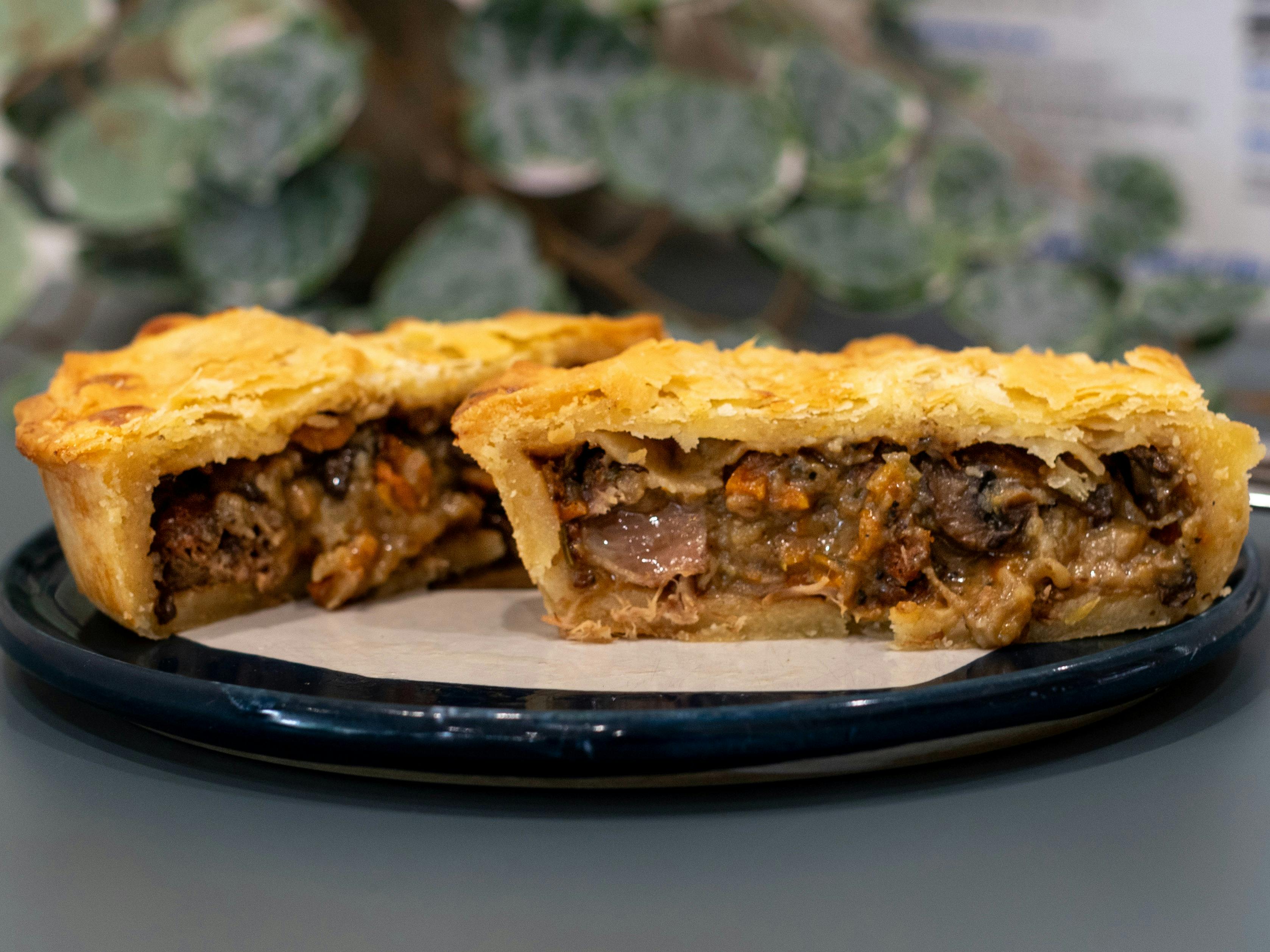 Selection of delicious pies and sausage rolls, including gluten free and vegan options!