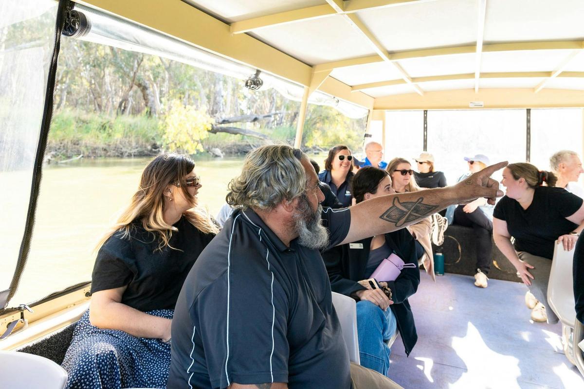 Guests on the Kingfisher Cruise with Yorta Yorta Knowledge Holders.