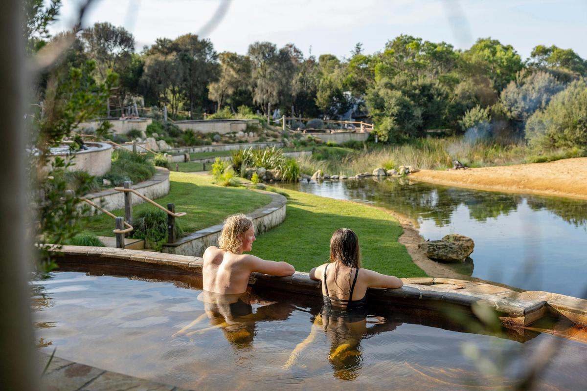 a man and a woman semi-submerged in a hot spring looking at the surrounding bushland