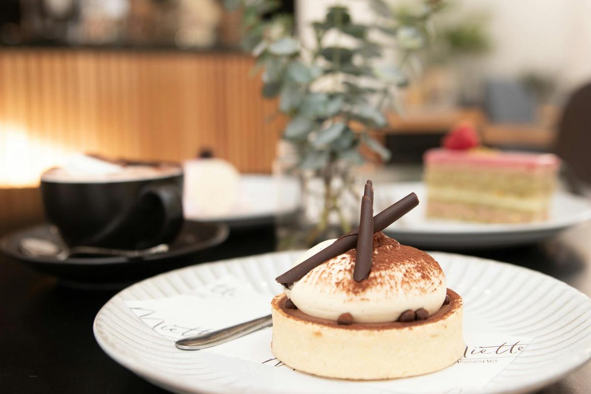 Chocolate, caramel and vanilla tart.