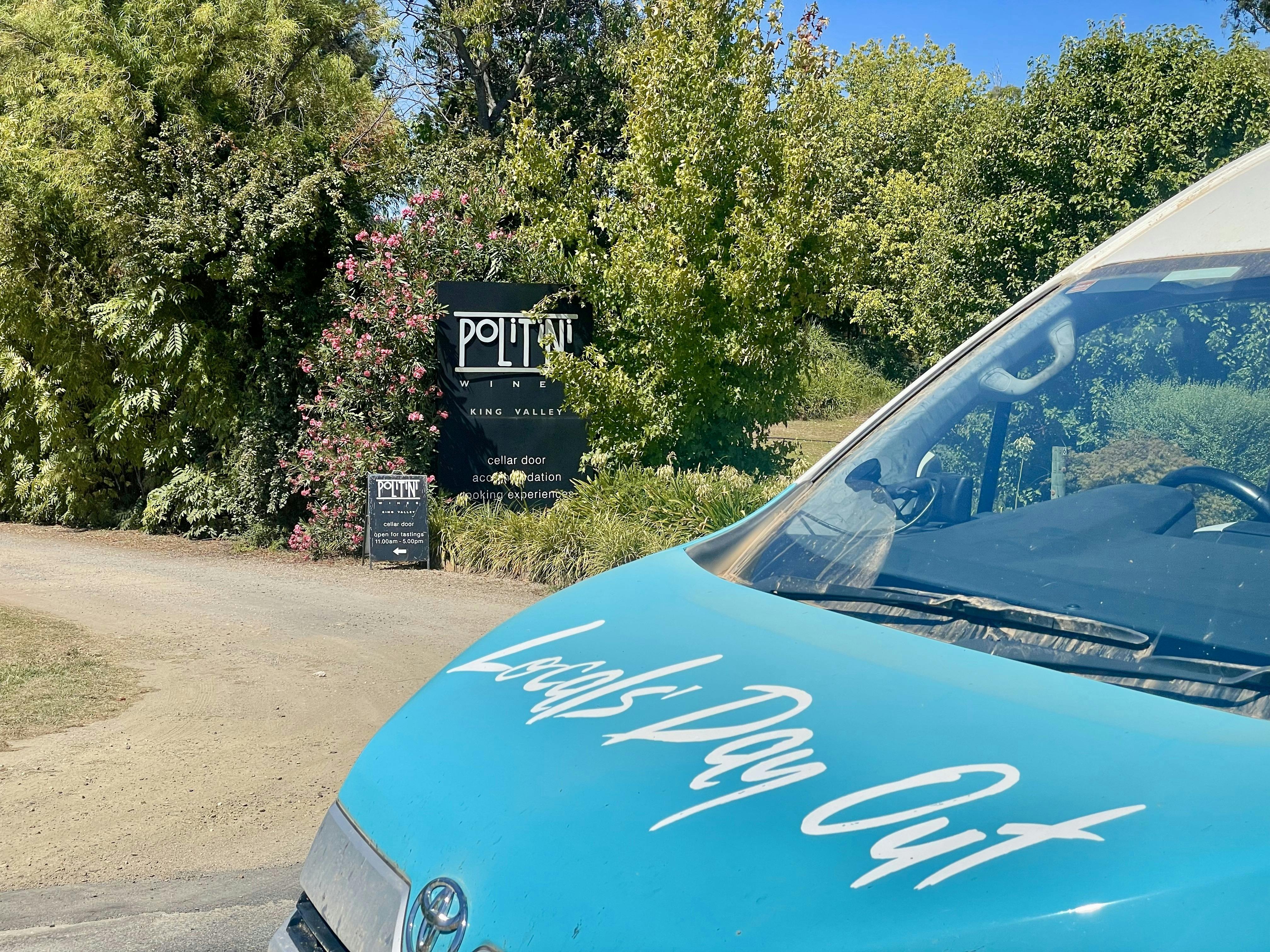 Locals Day Out 10 seater van outside a King Valley Winery