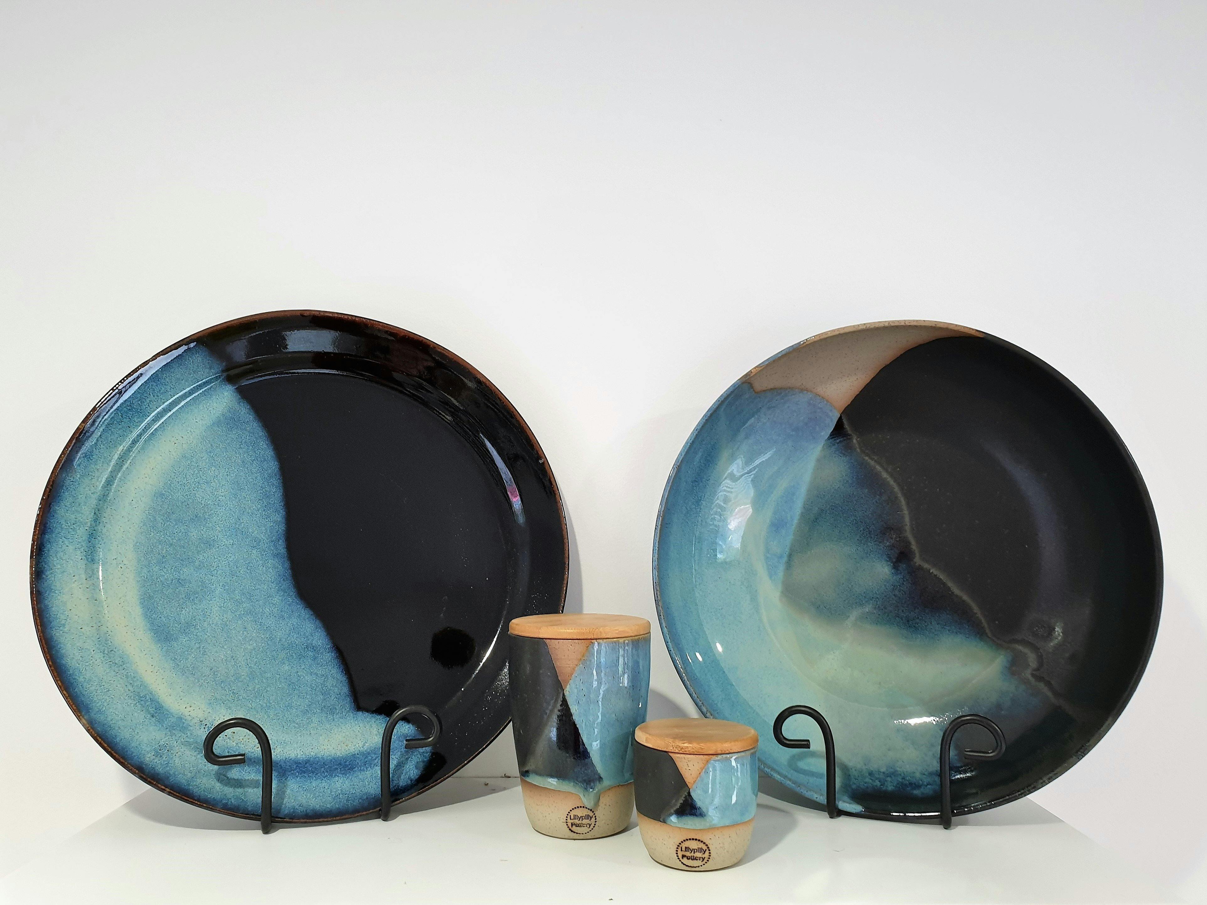 Large Stoneware Matte Black and Blue Gloss Dinnerware and Serving Range