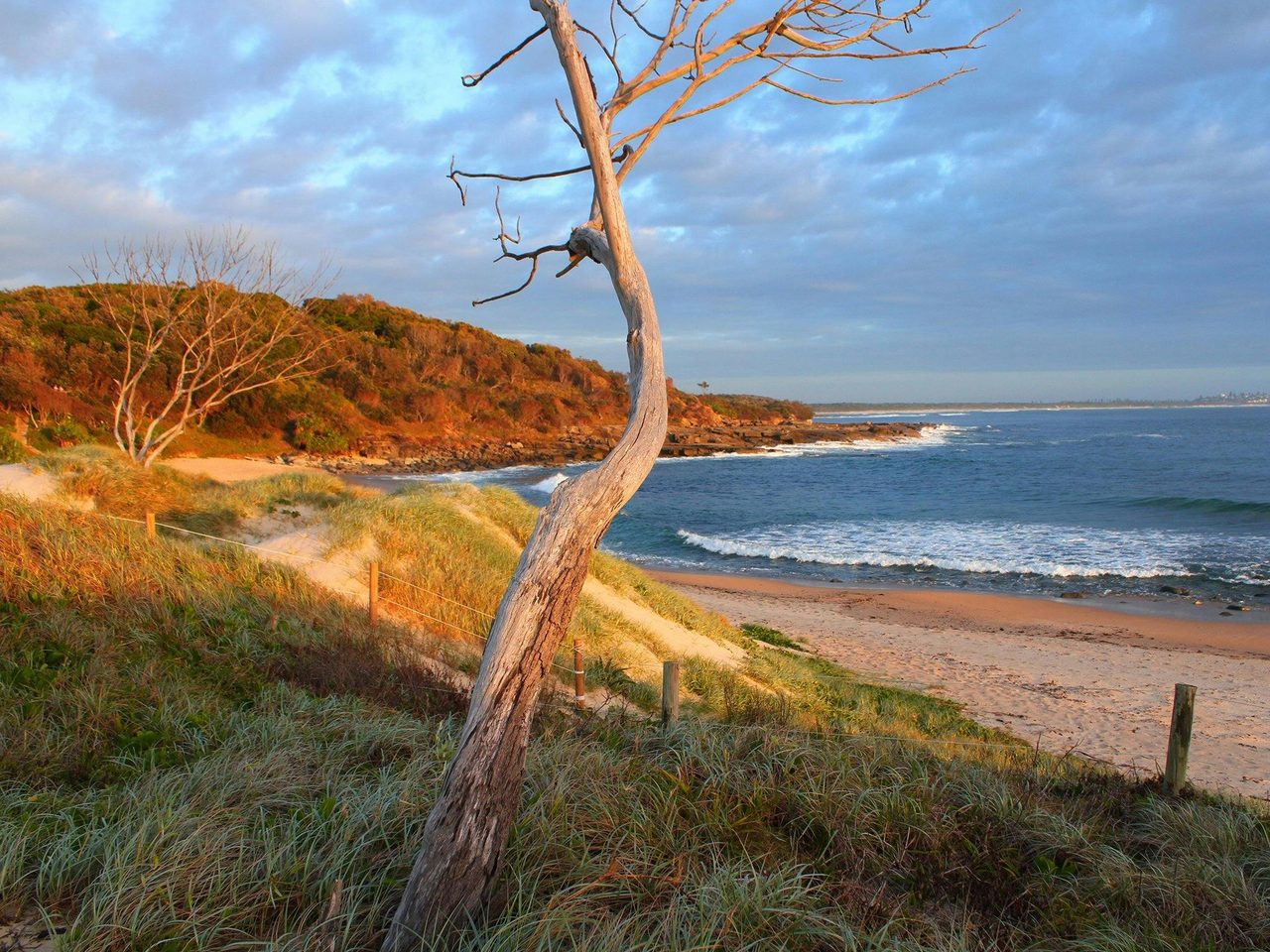 Looking across Angourie Beach to the ‘Life and Death’ rocks.