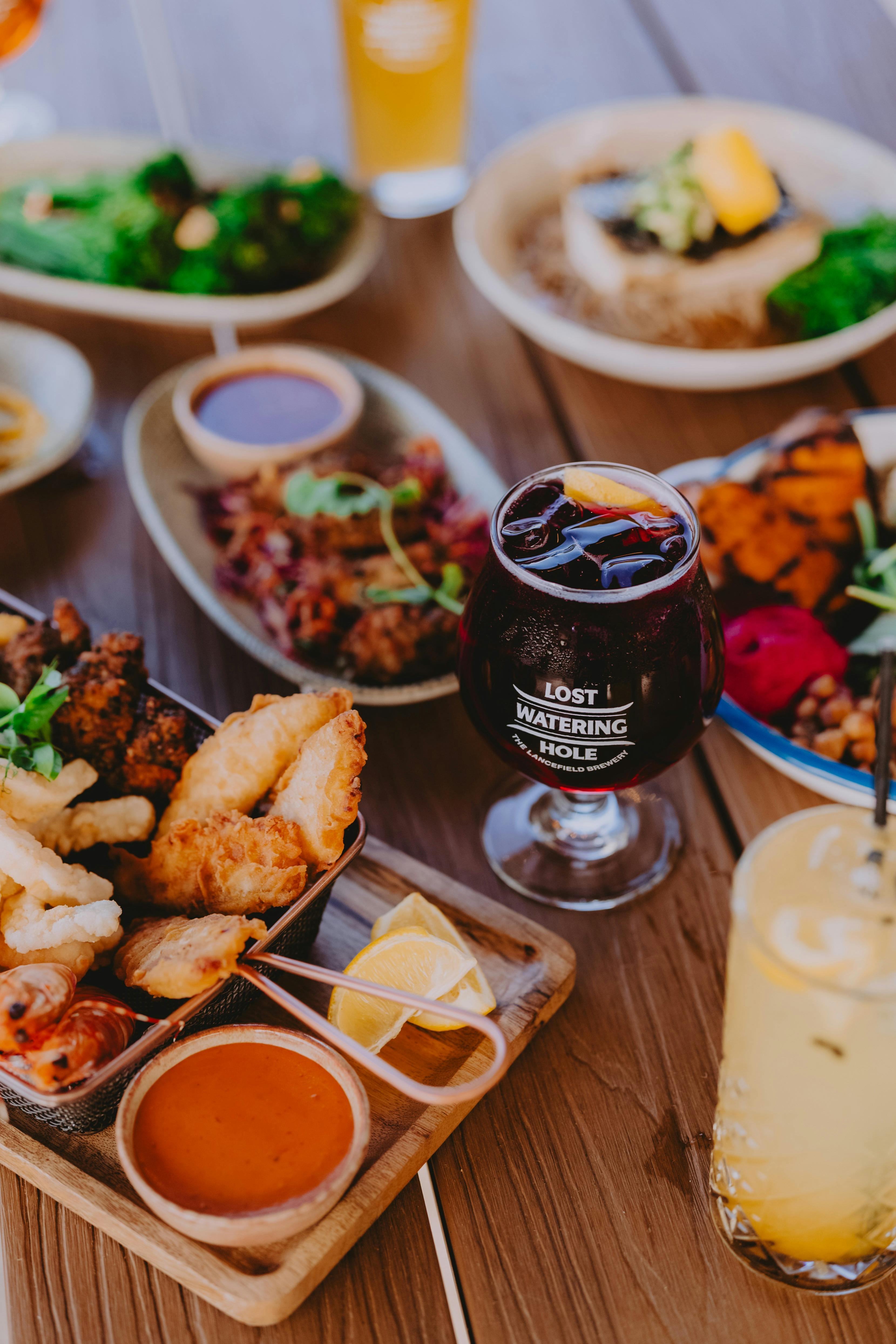 Food and drinks placed on a table