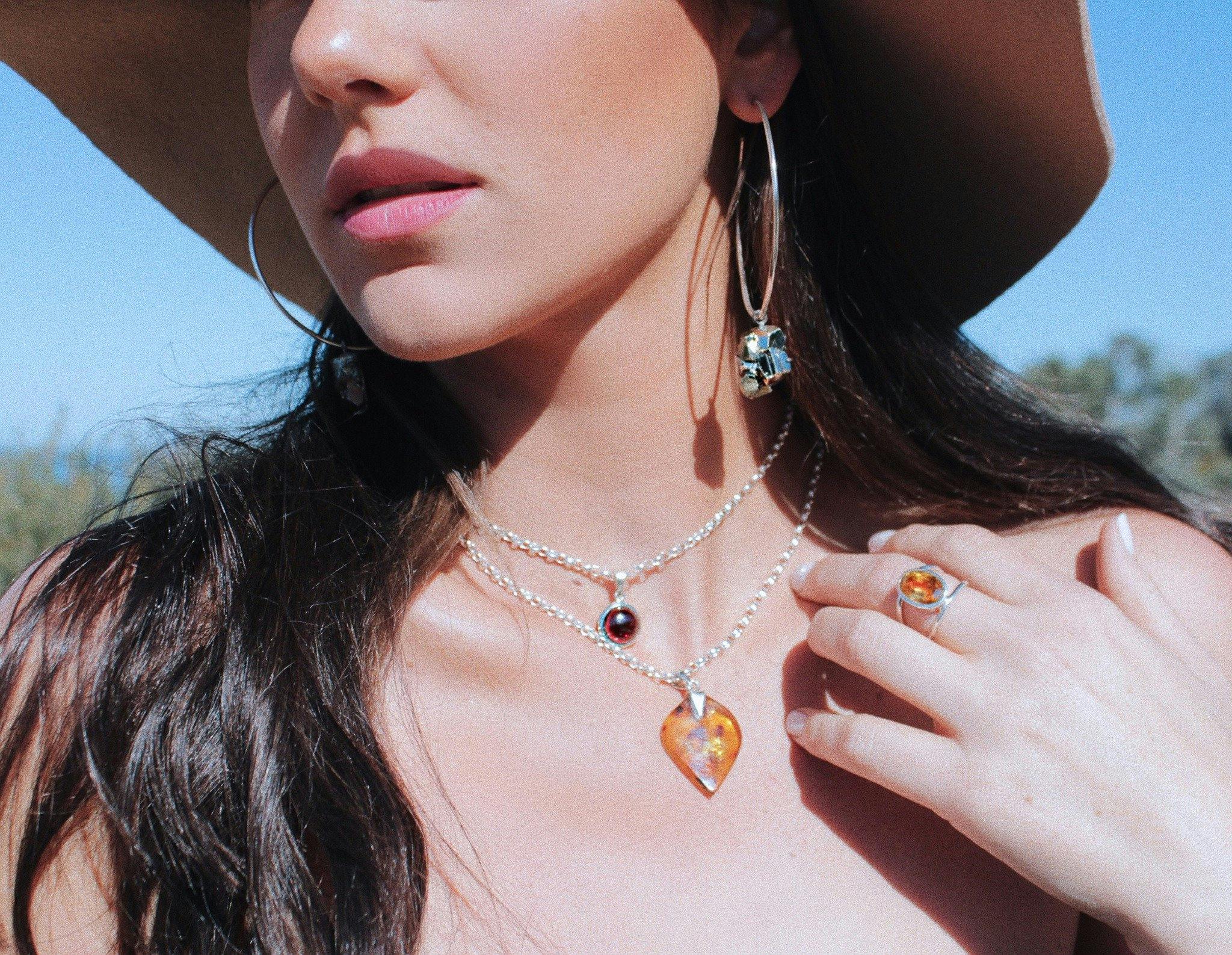 Gorgeous natural gemstone jewellery. Amber, Pyrite and garnet.