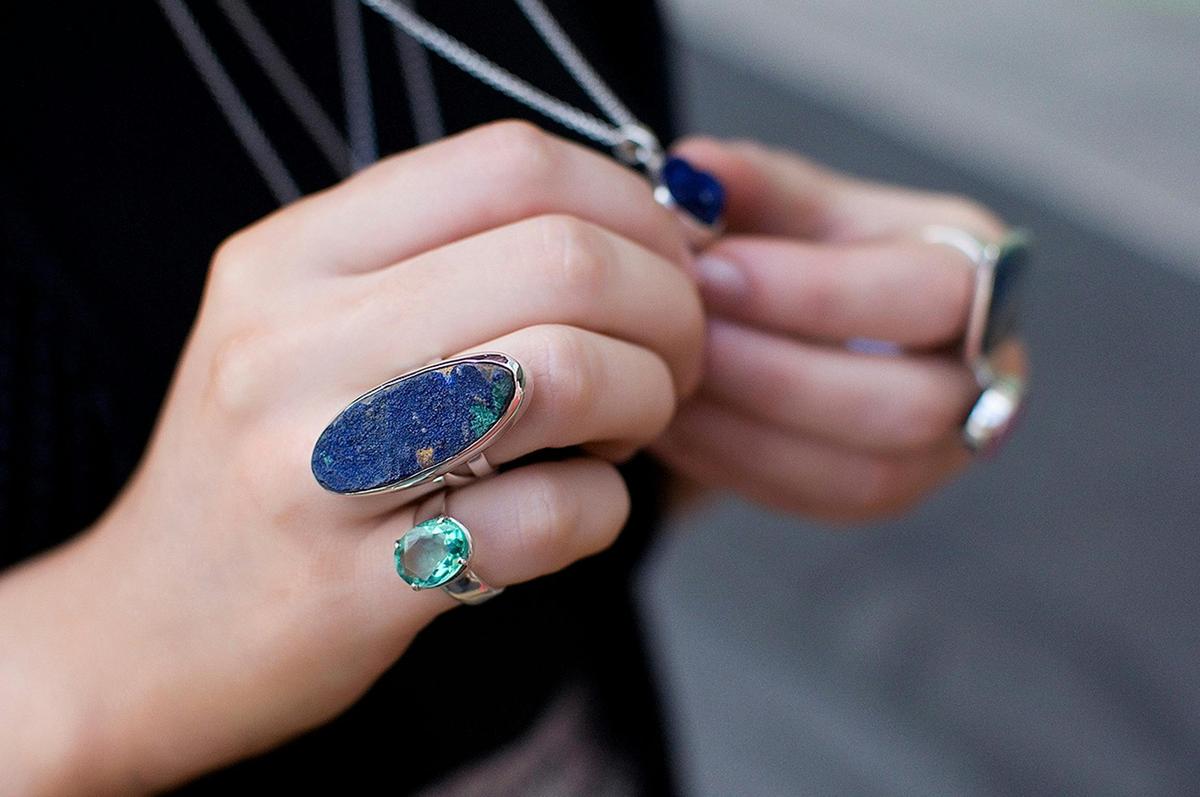 Blue and green gemstones for love and courage. Azurite and fluorite set in sterling silver.