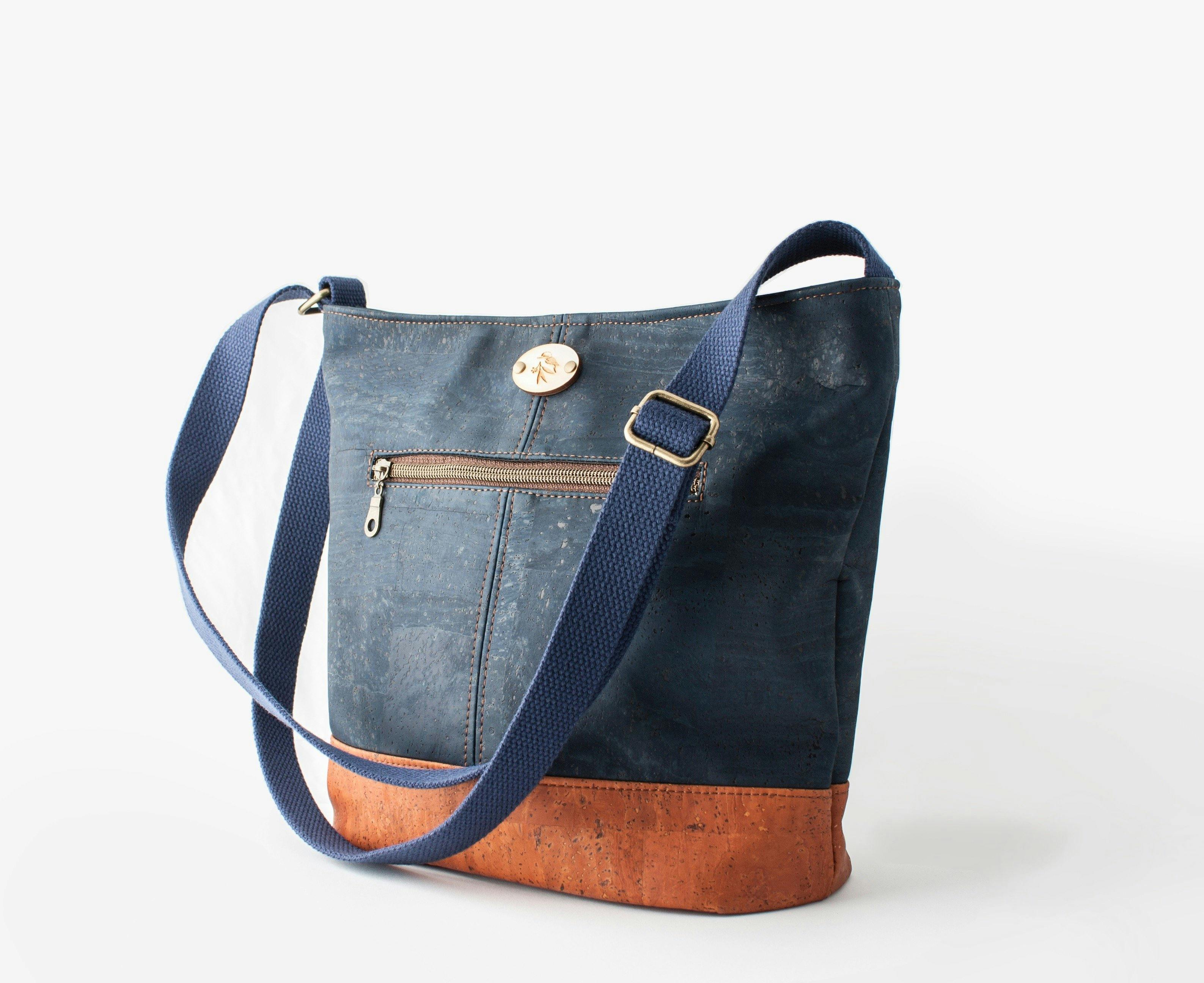 Blue Cork shoulder bag. Handcrafted accessory by Rosemary Lloyd, Jamieson Rose.