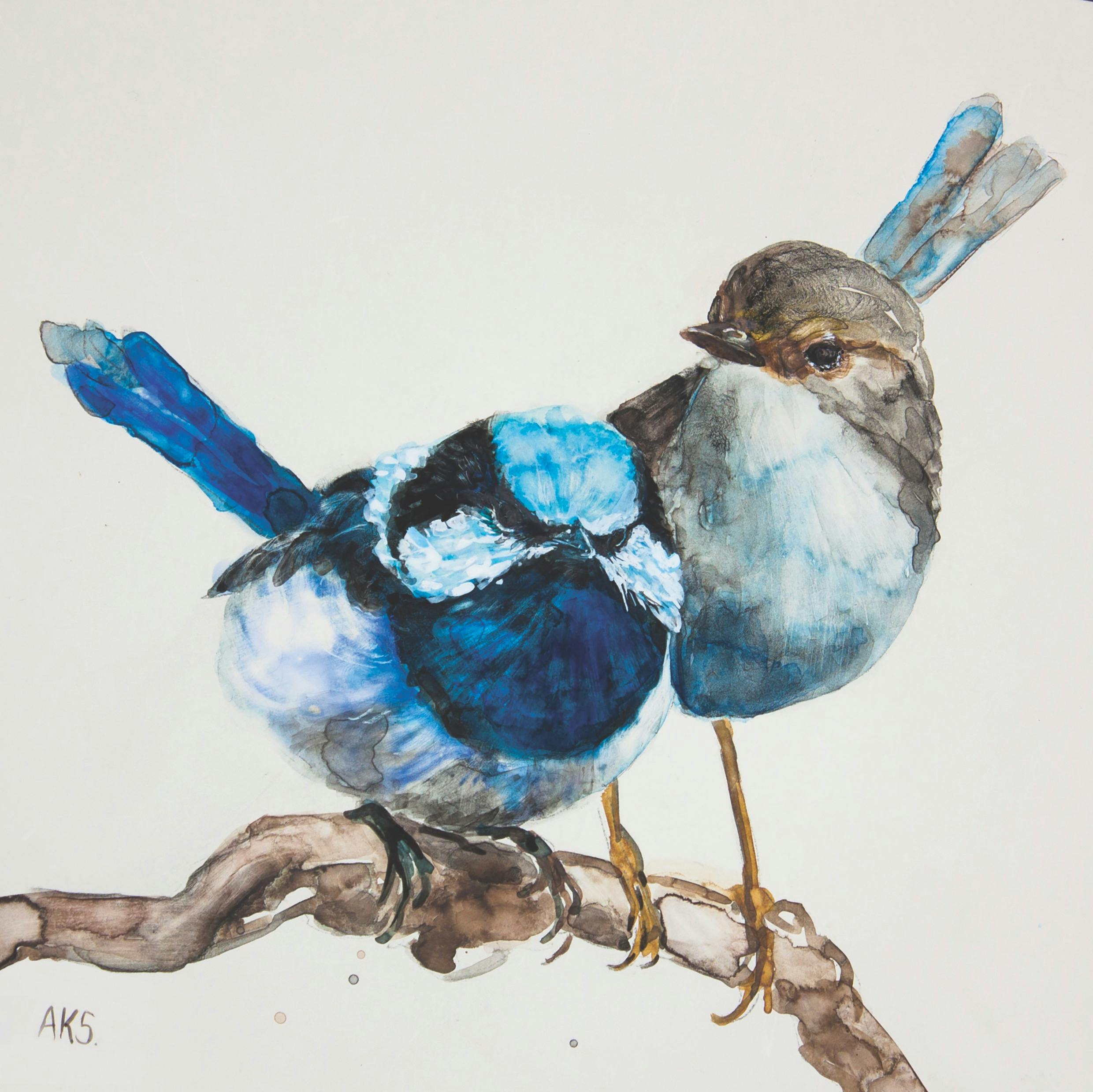 'Pair of Fairy Wrens'. Watercolour by Anne Slater.