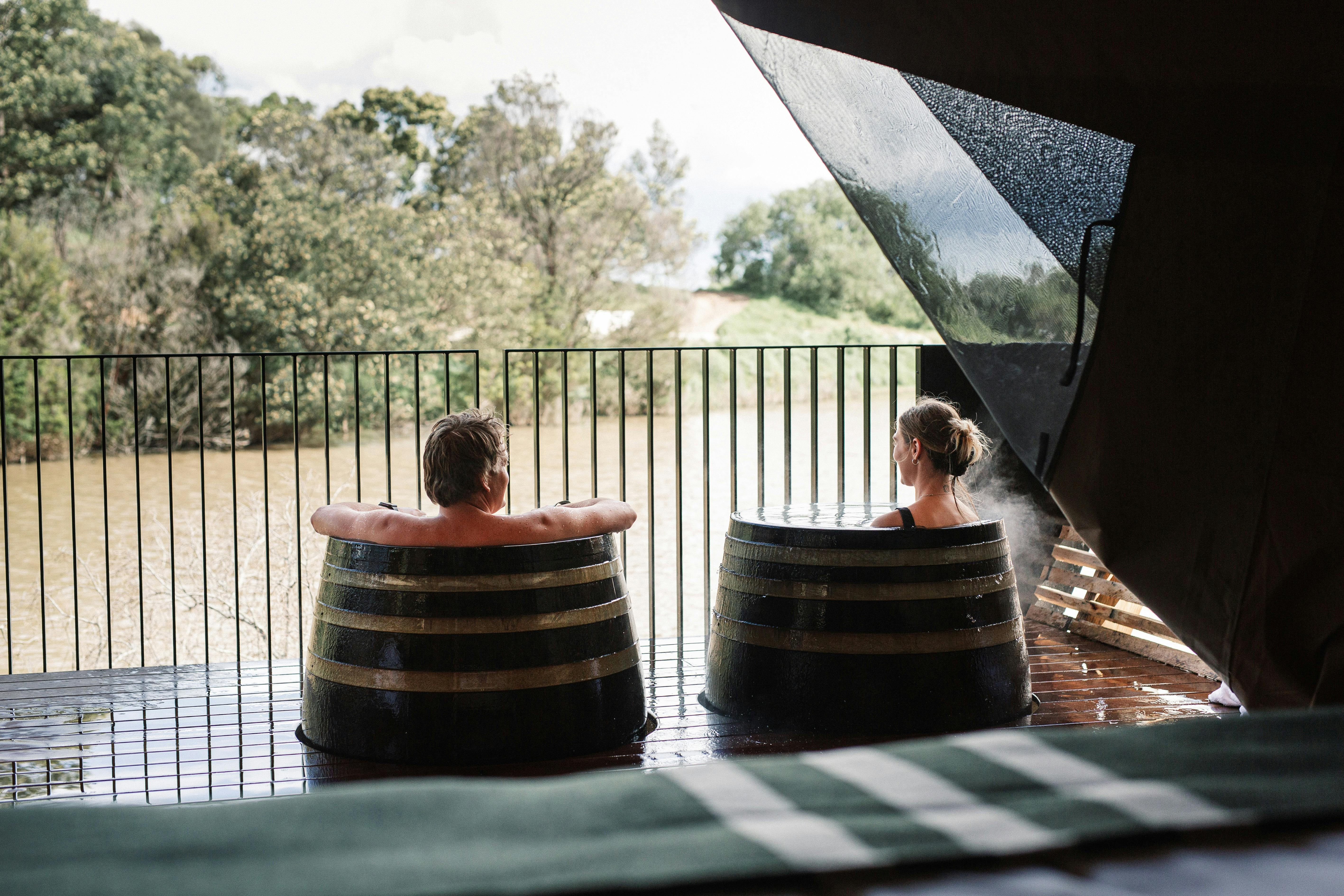Glamping at Metung Hot Springs, Private Bathing Barrells