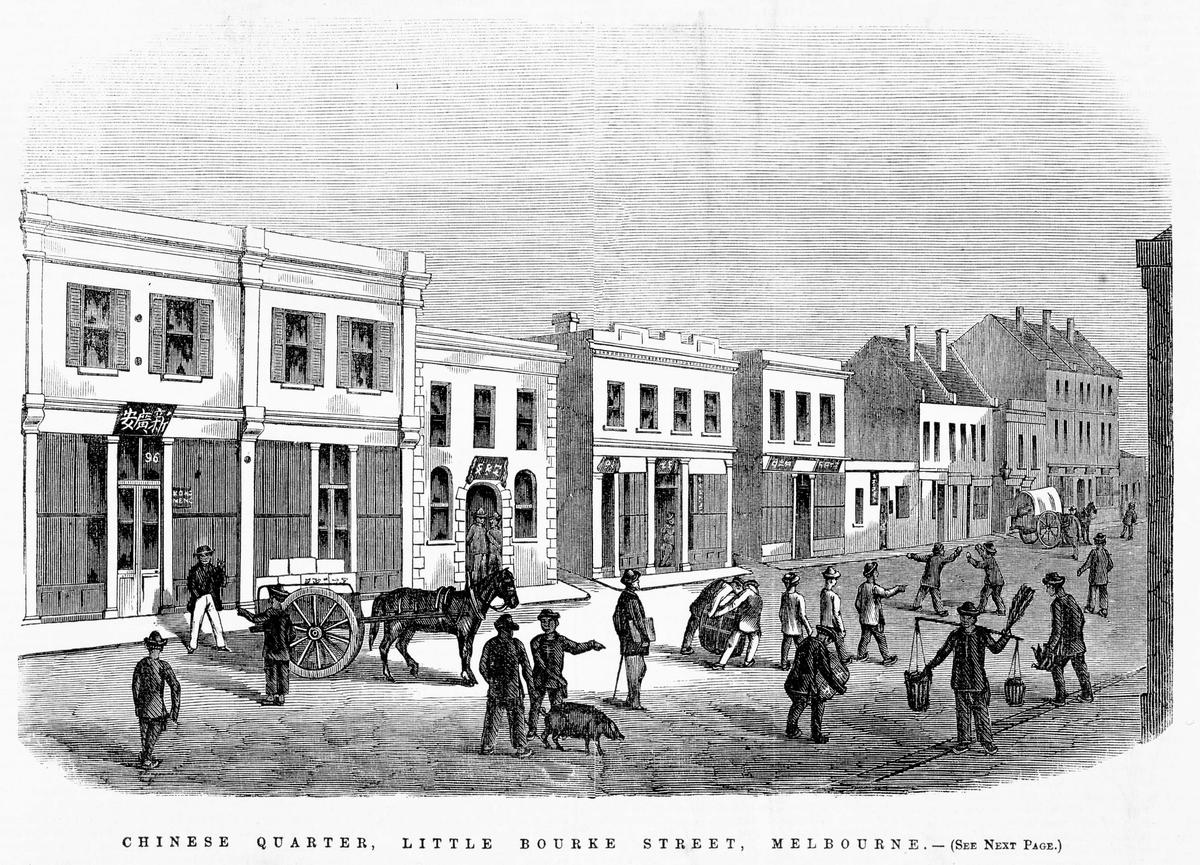 Etching of Melbourne's Chinatown c.1860s