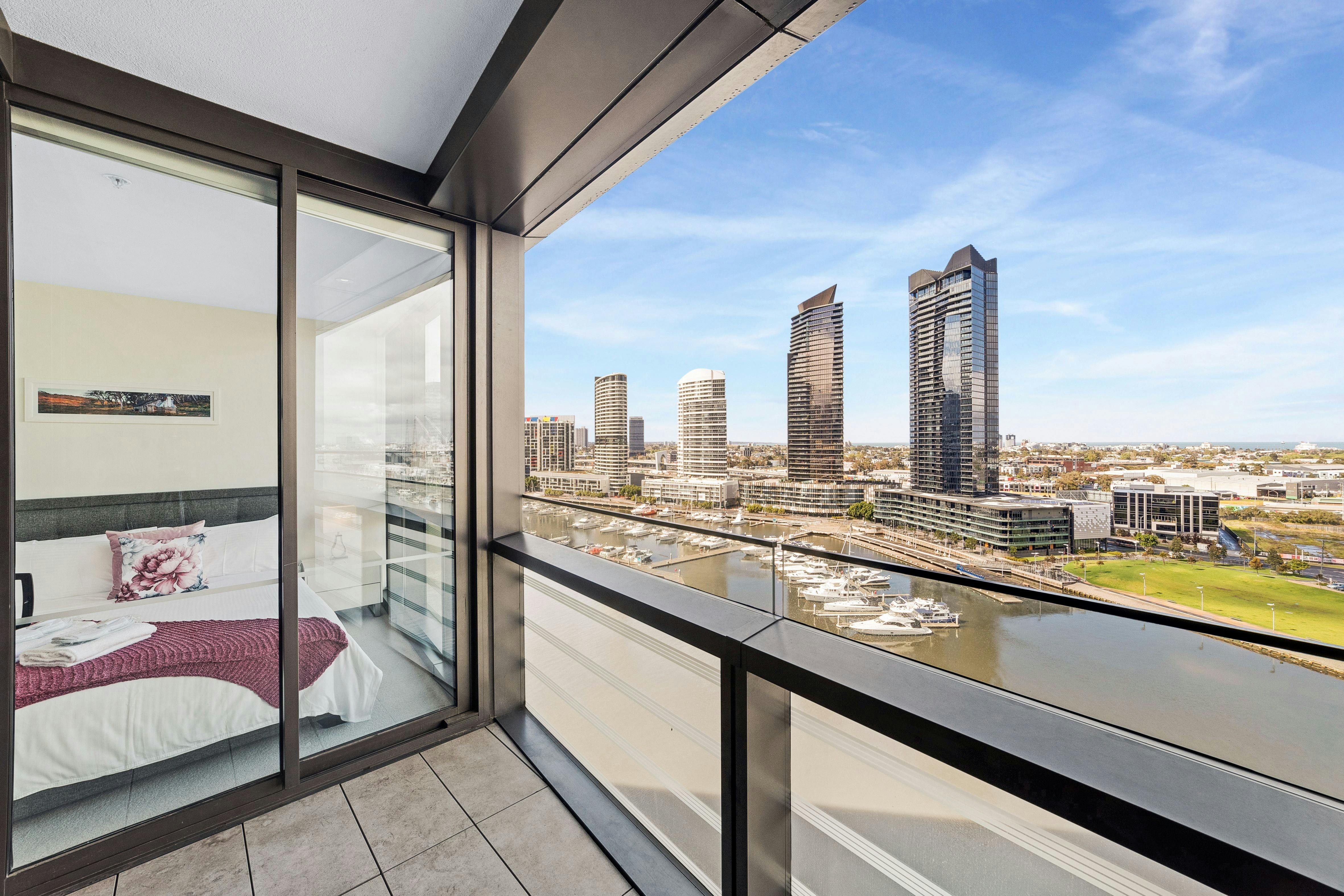 View from our Premium 2 Bedroom apartment. Views of the Yarra River, Port of Melb & Port Phillip Bay
