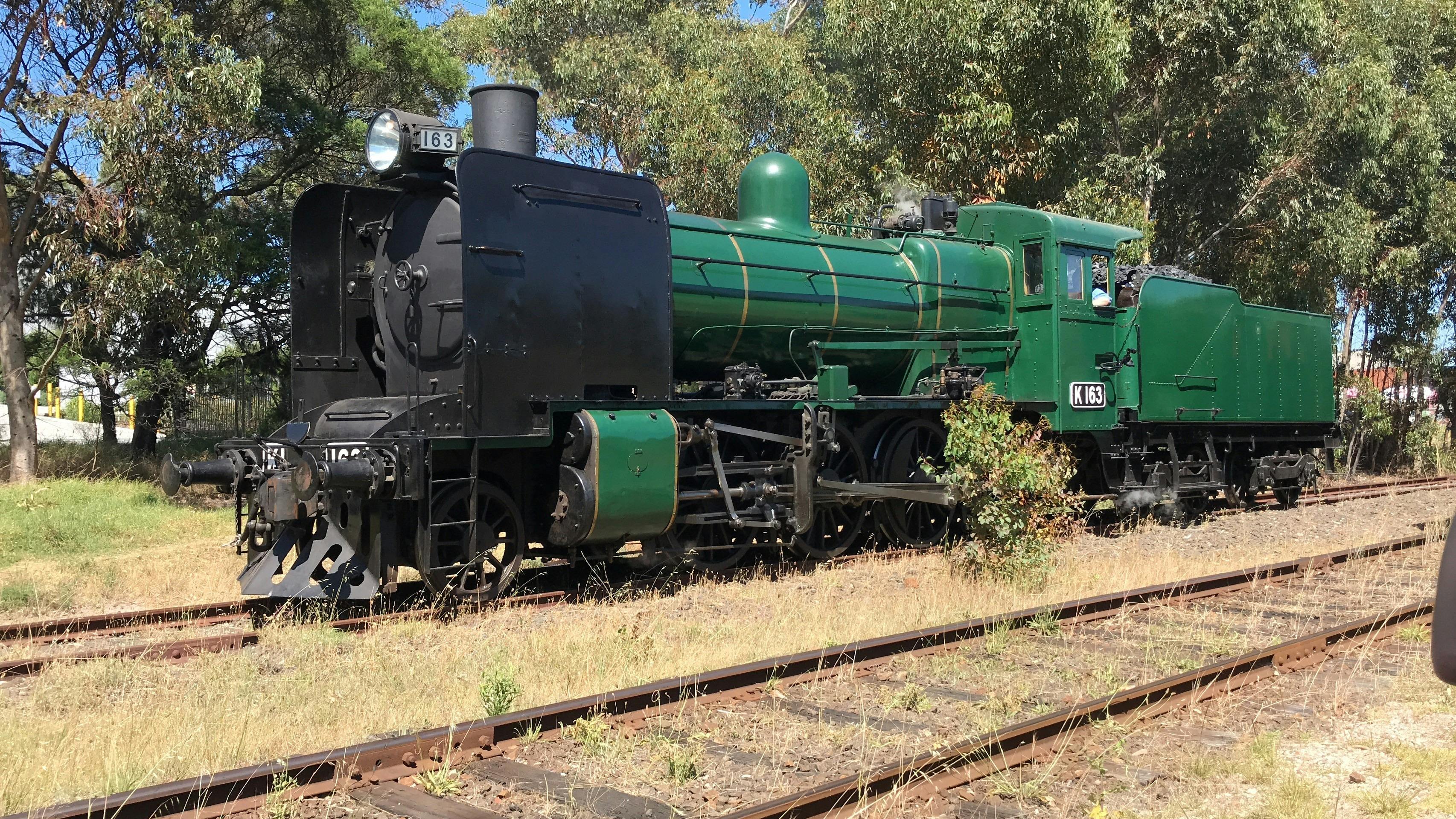 Green and black steam train at Morninton Tourist Railway