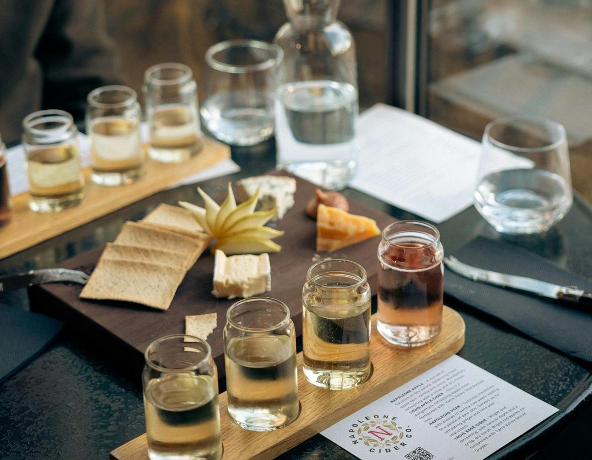 A Napoleone Cider Paddle featuring four ciders, served at the Punt Road Wines Cellar Door.
