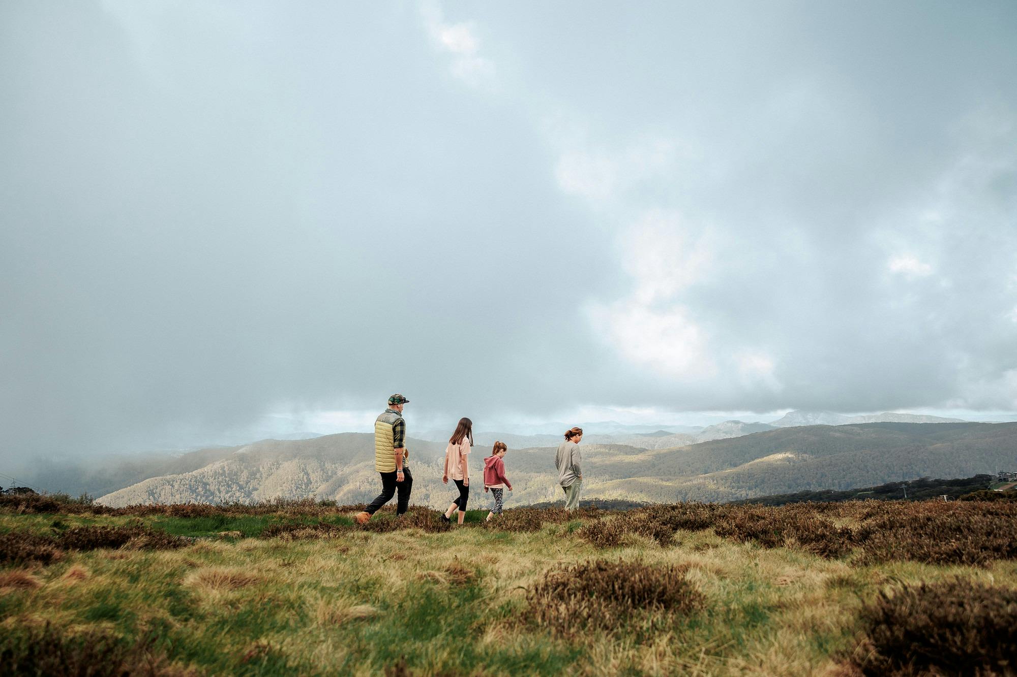 A family bushwalking on the summit of Mt Buller in the green season