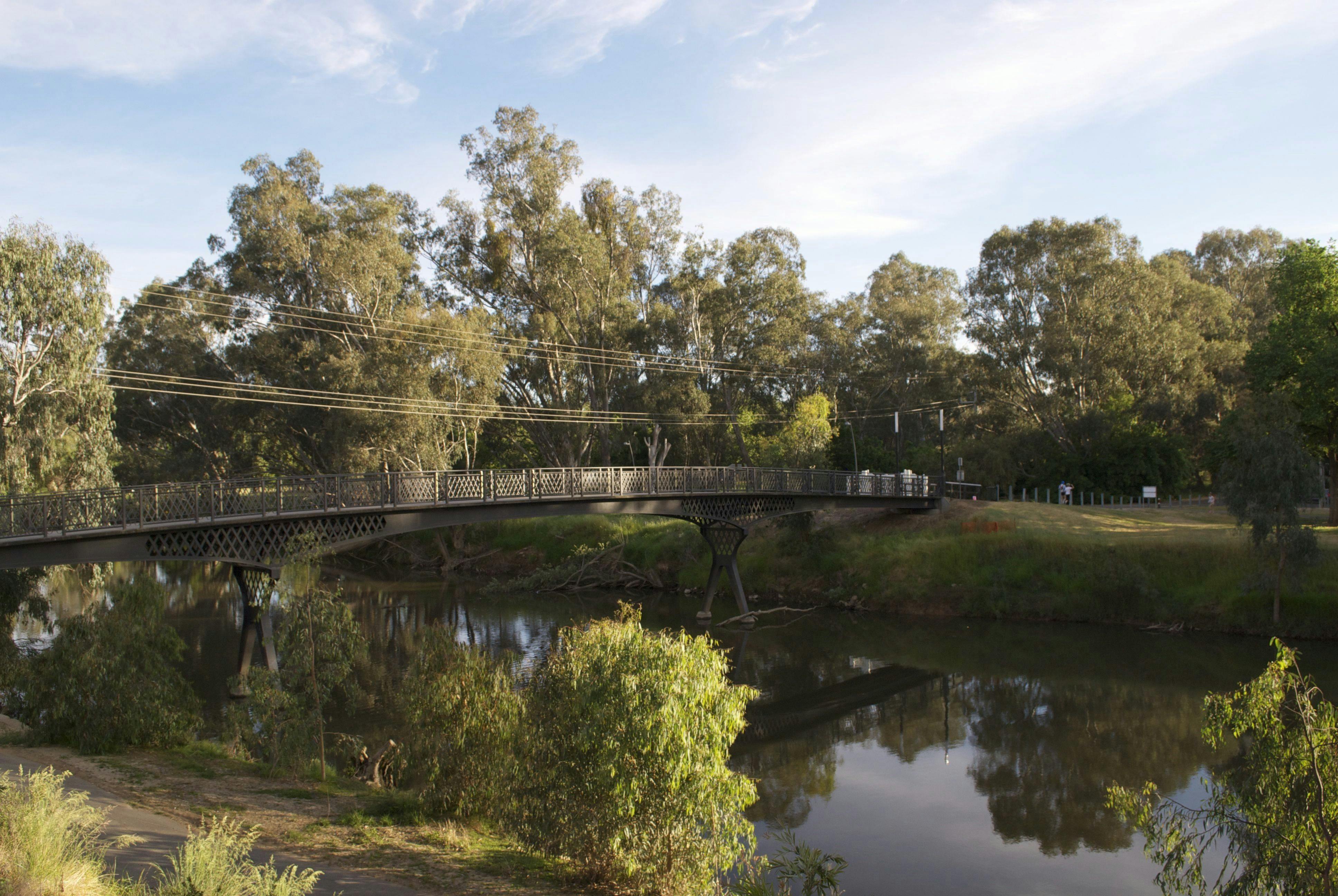 A two minute walk over the footbridge to town