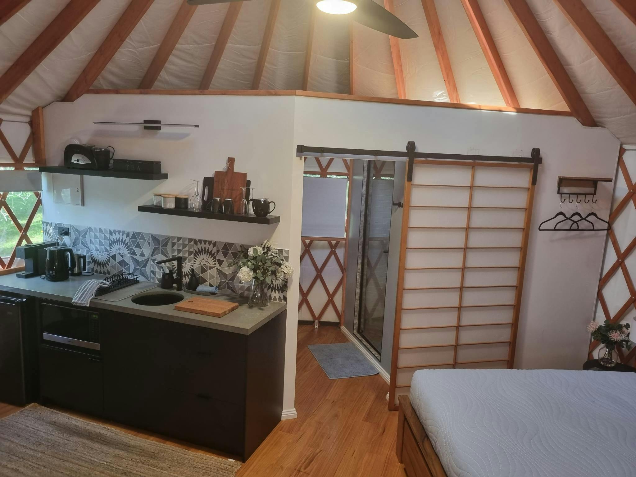 Each Yurt has a kitchette, with fridge, coffemaker, and microwave