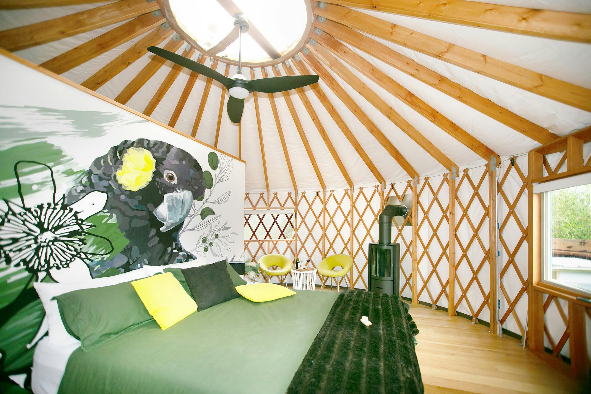Each Yurt has a luxury bed, dome skyline, fan, and wood fire place