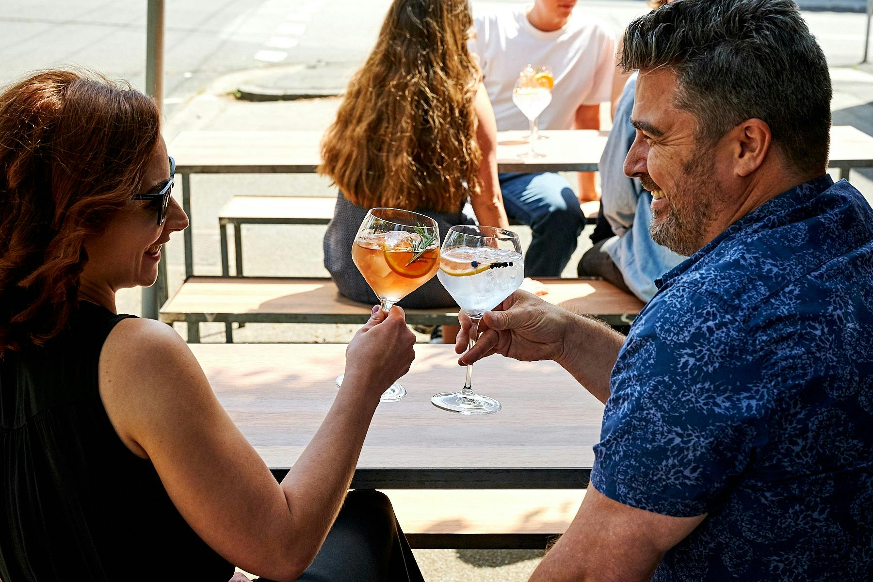 Cheers! Two x G&Ts outside the distillery.