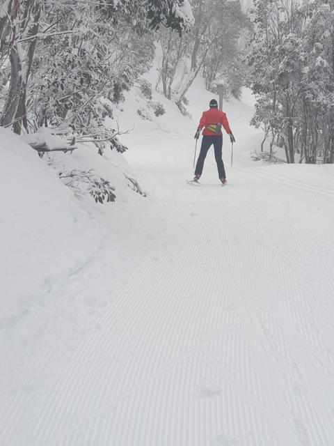 Skate skiing on groomed trails
