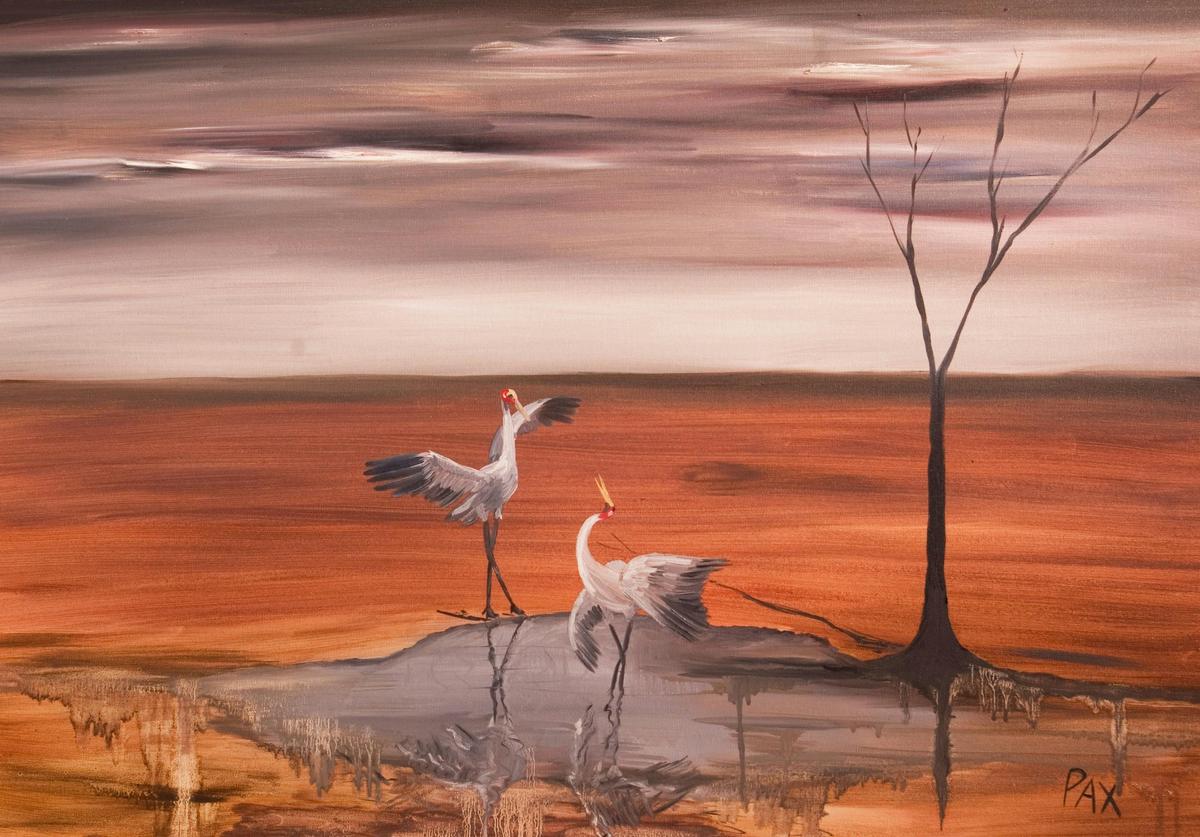 Brolgas at the Waterhole:: Original Oil Painting by Caroline Packer Pax