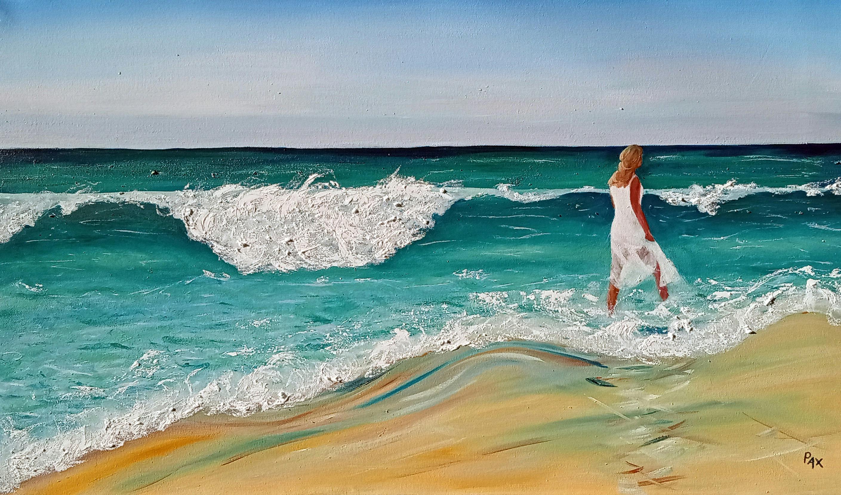 Empowered Future: Original Oil Painting by Caroline Packer Pax Lady walking on the beach.