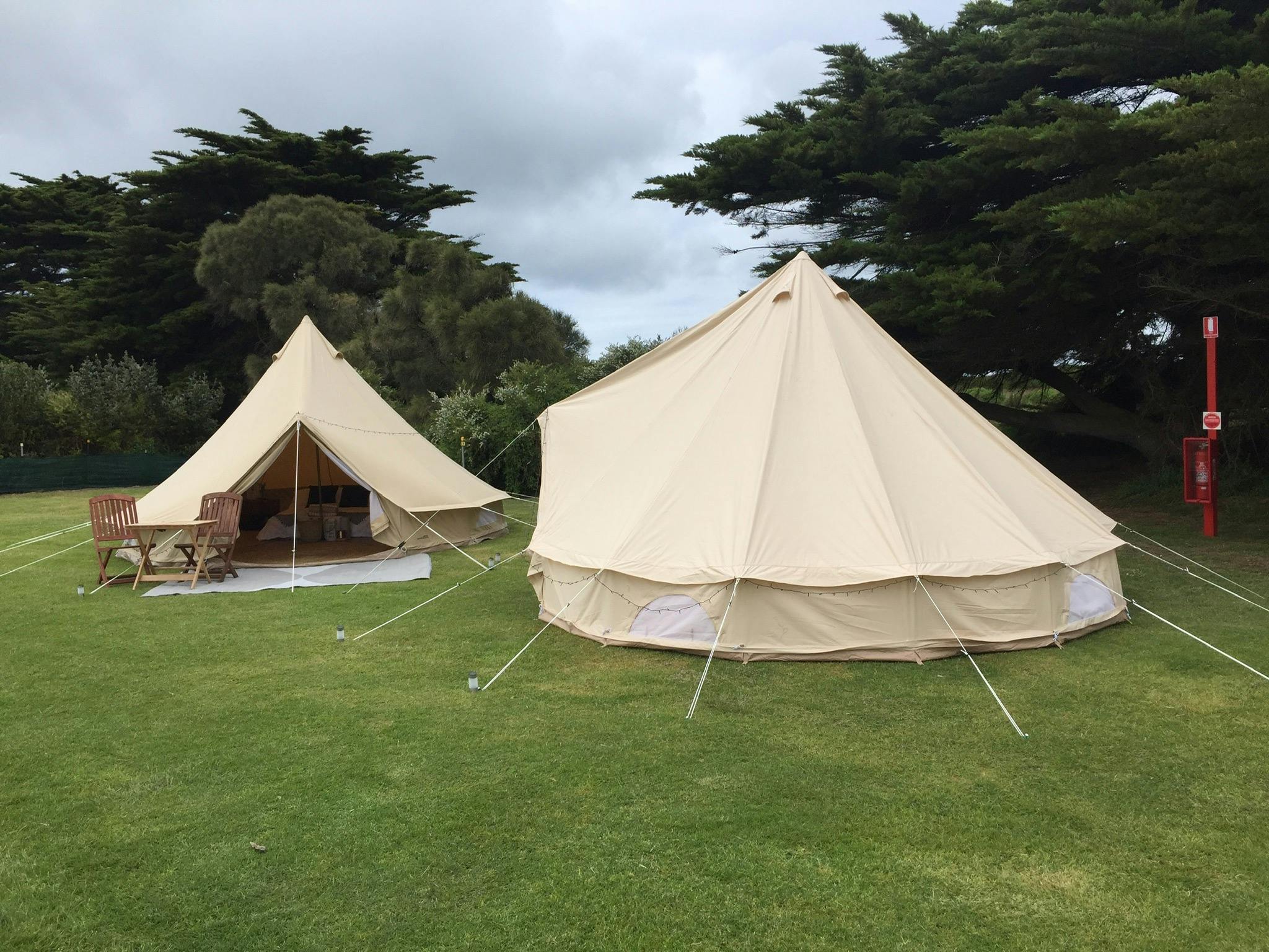 Two bell tents set up at  Killarney Beach