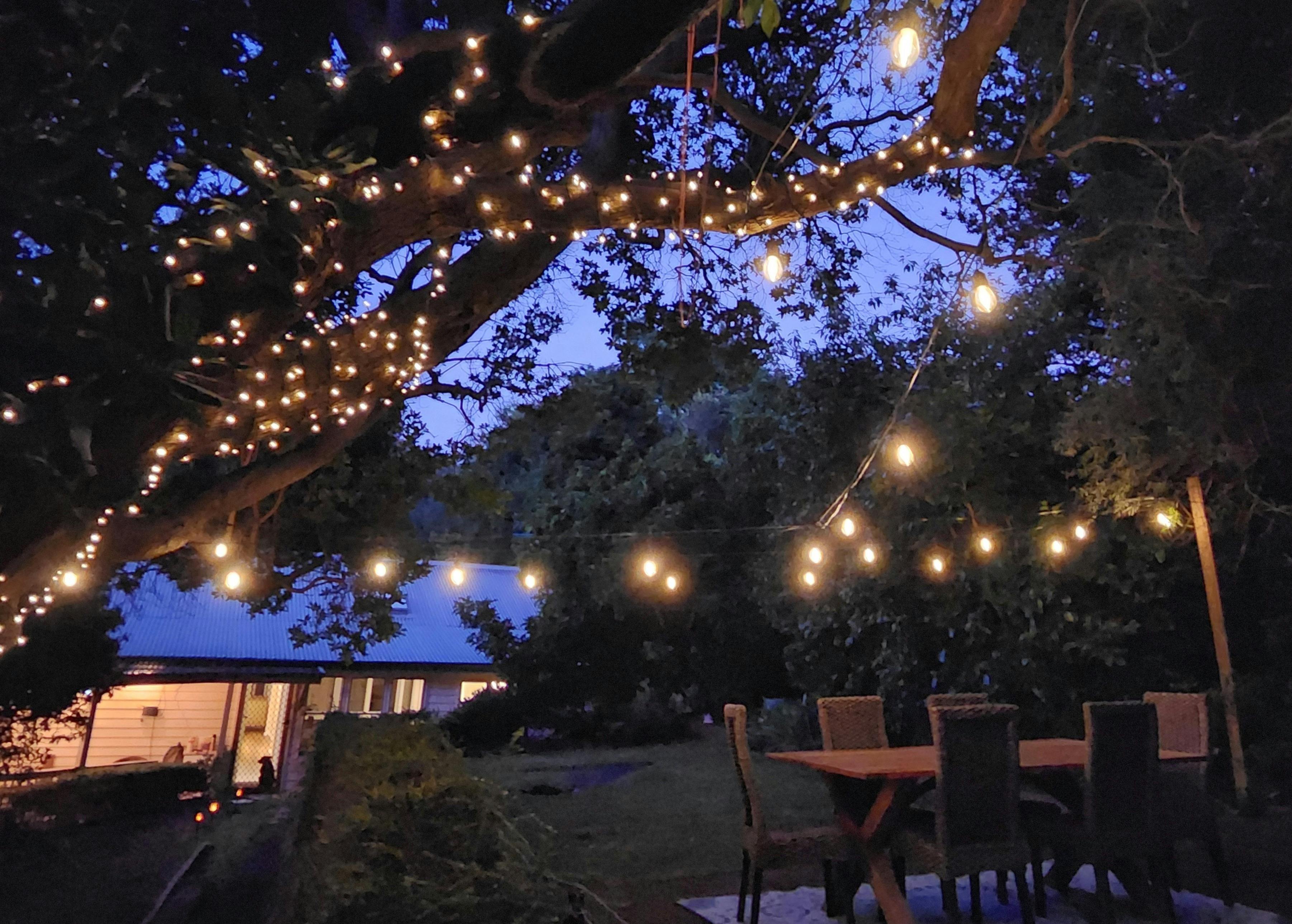 Festoon-lit outdoor seating