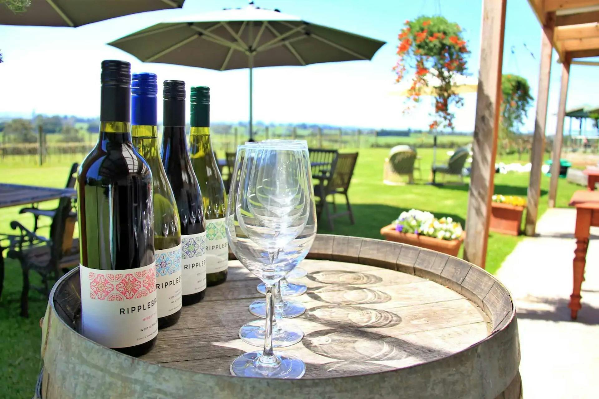 Wine bottles on barrel