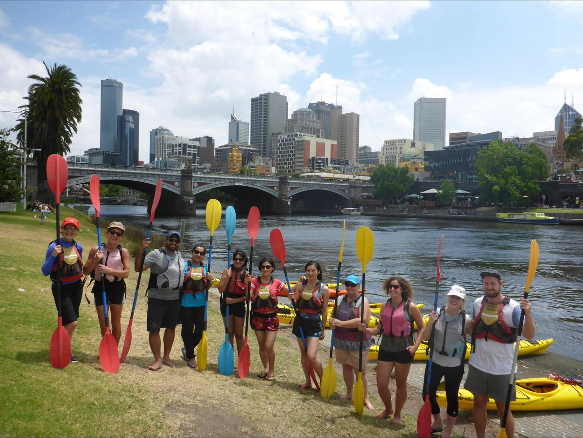 Group shot before hitting the water on a Melbourne City Day Kayak Tour