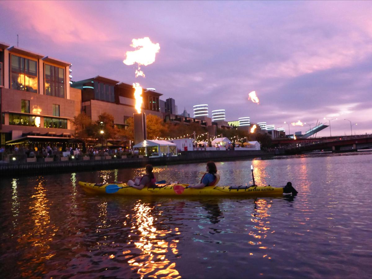 Flames at Crown Casino on a Melbourne City Twilight Kayak Tour