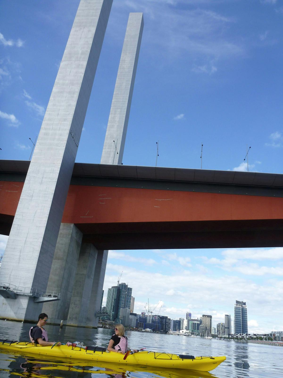 Paddling under the Bolte Bridge on a Melbourne City Day Kayak Tour