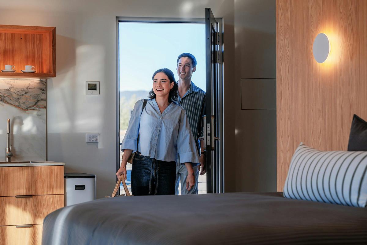 Couple entering Retreat Studio at Chrismont, King Valley, Victoria's High Country
