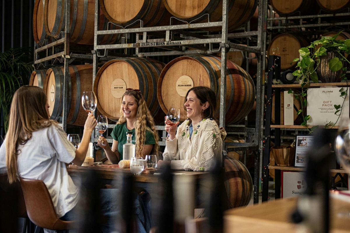 Guests enjoying a glass of wine in Sanguine's cellar door barrel room