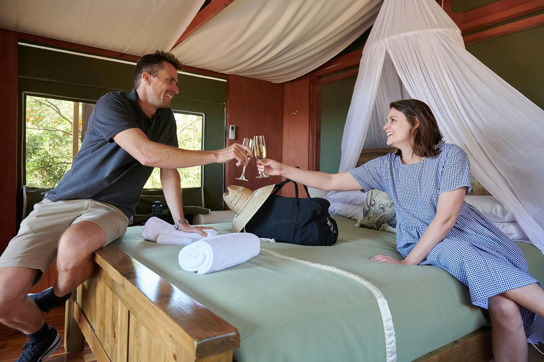 Two people saying cheers with a glass of wine