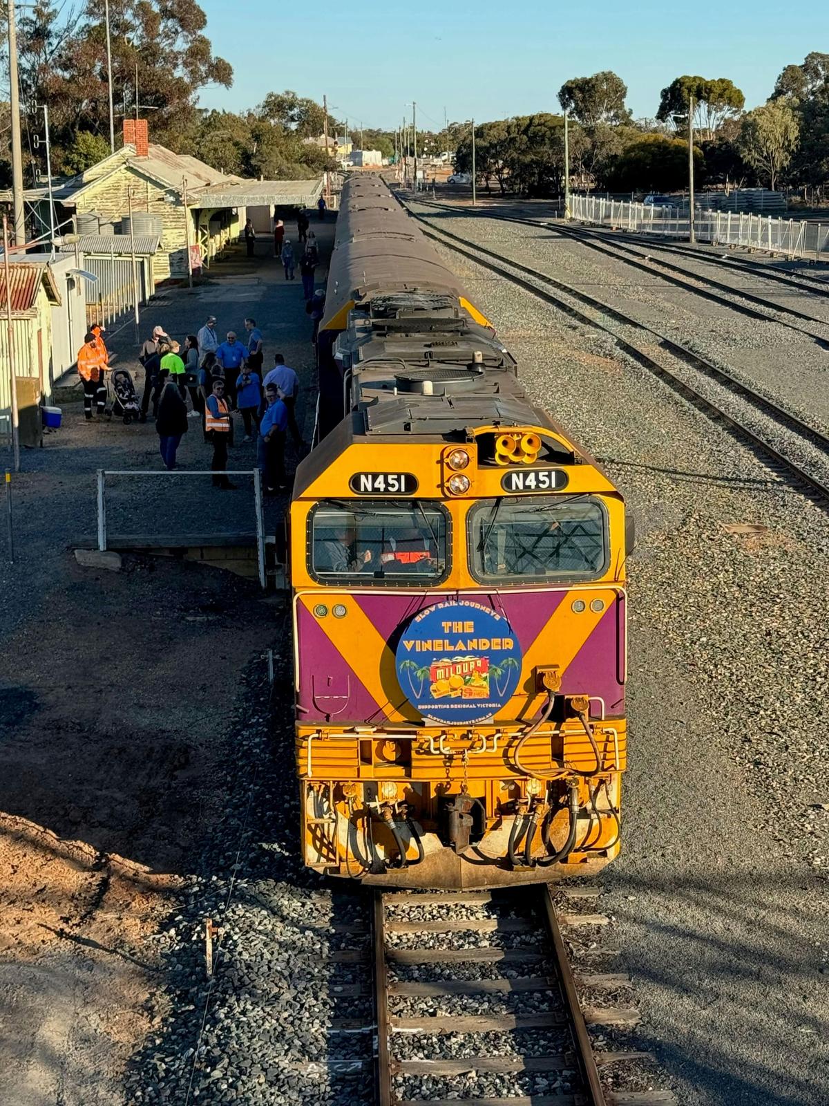 The Vinelander private train pauses in Ouyen for a fresh air break