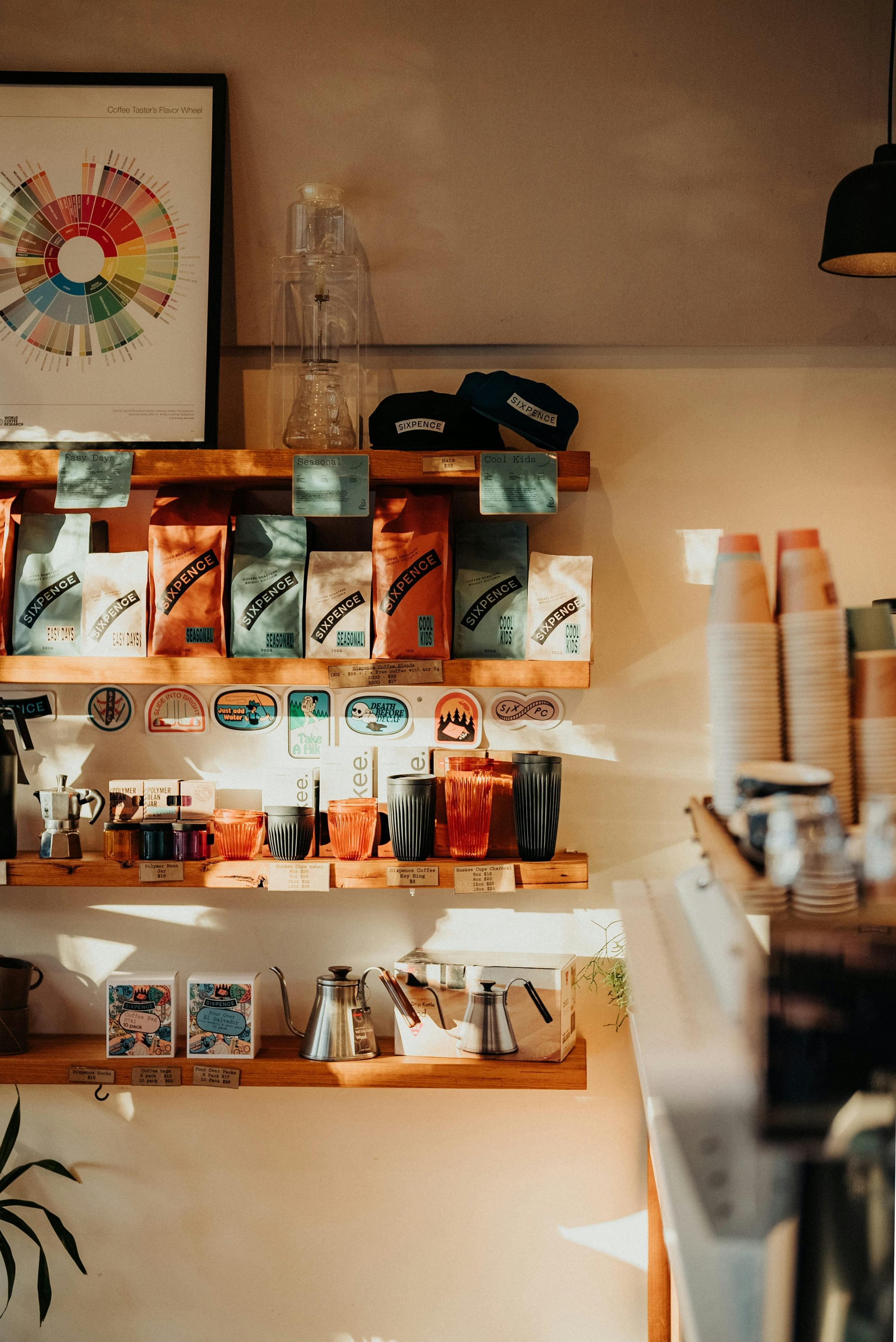 Retail shelves in morning light