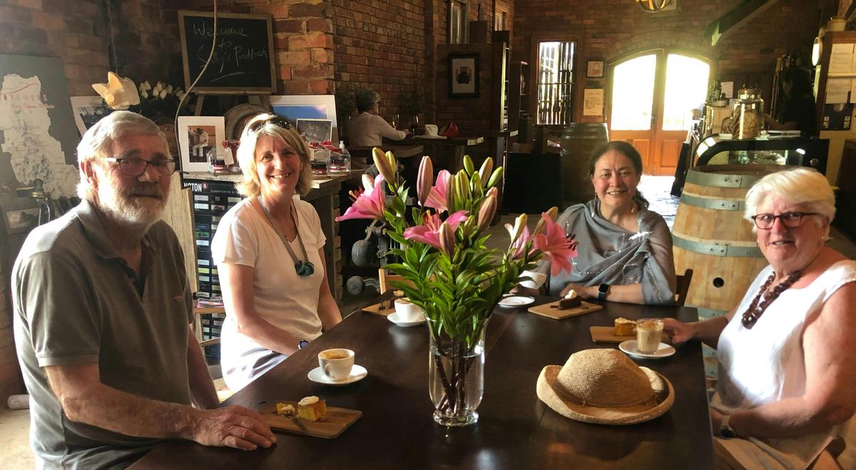 Silver Mink Tours guests in the Sally's Paddock cellar door. Moonambel.