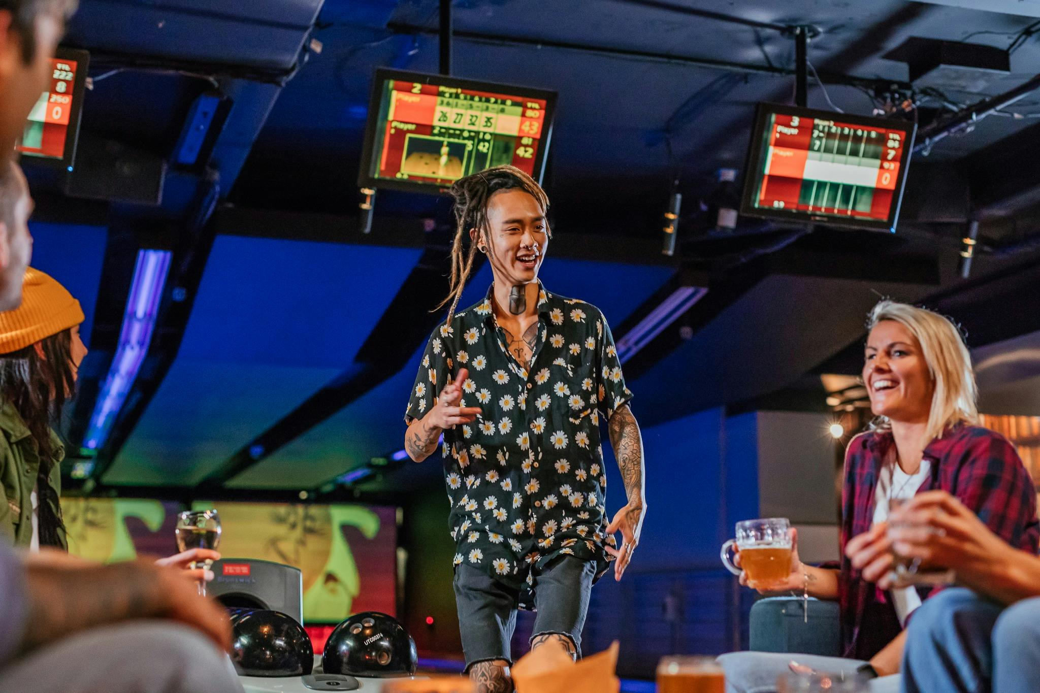 People celebrating bowling