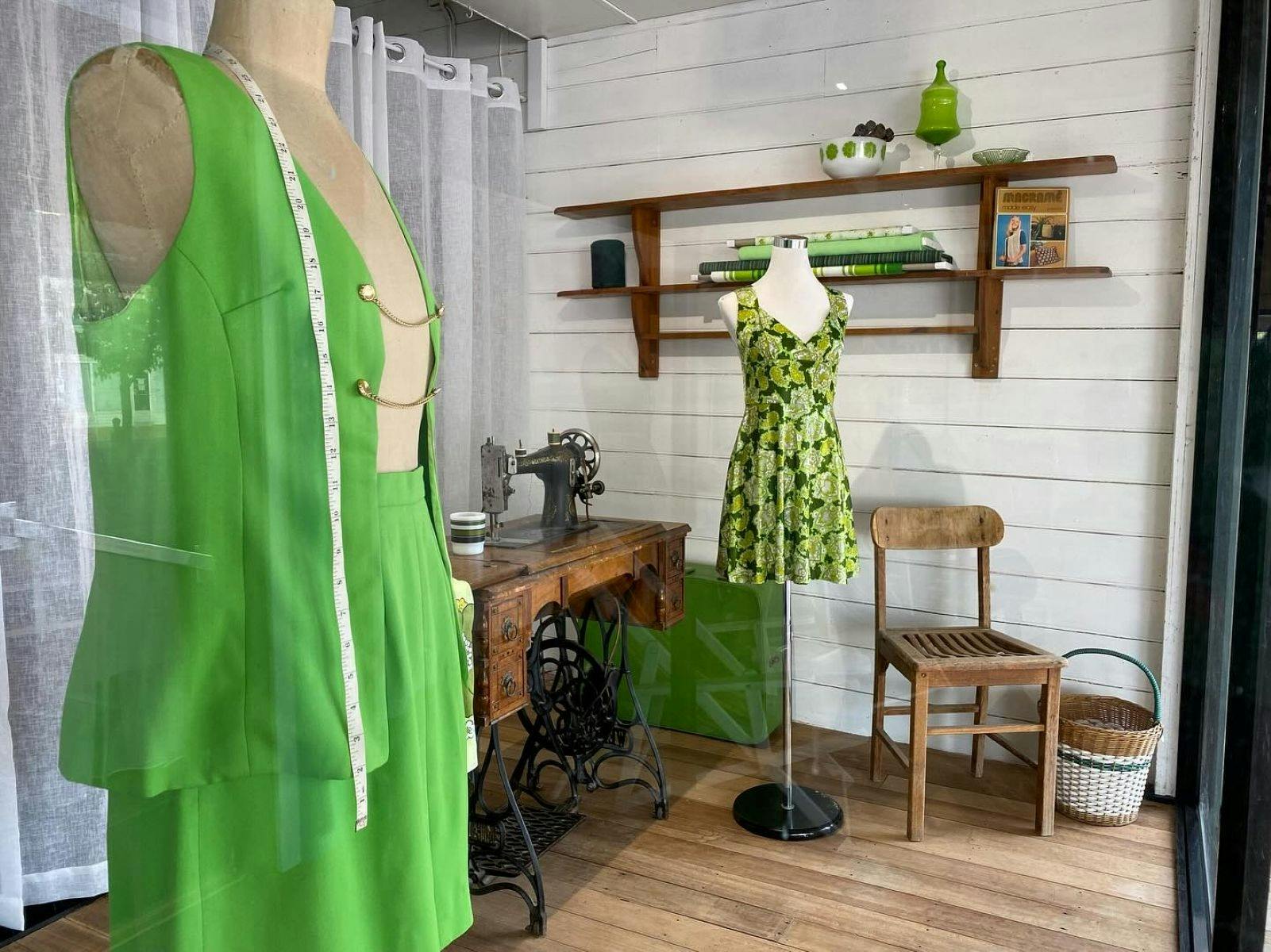 Vintage Clothing Display all in bright greens