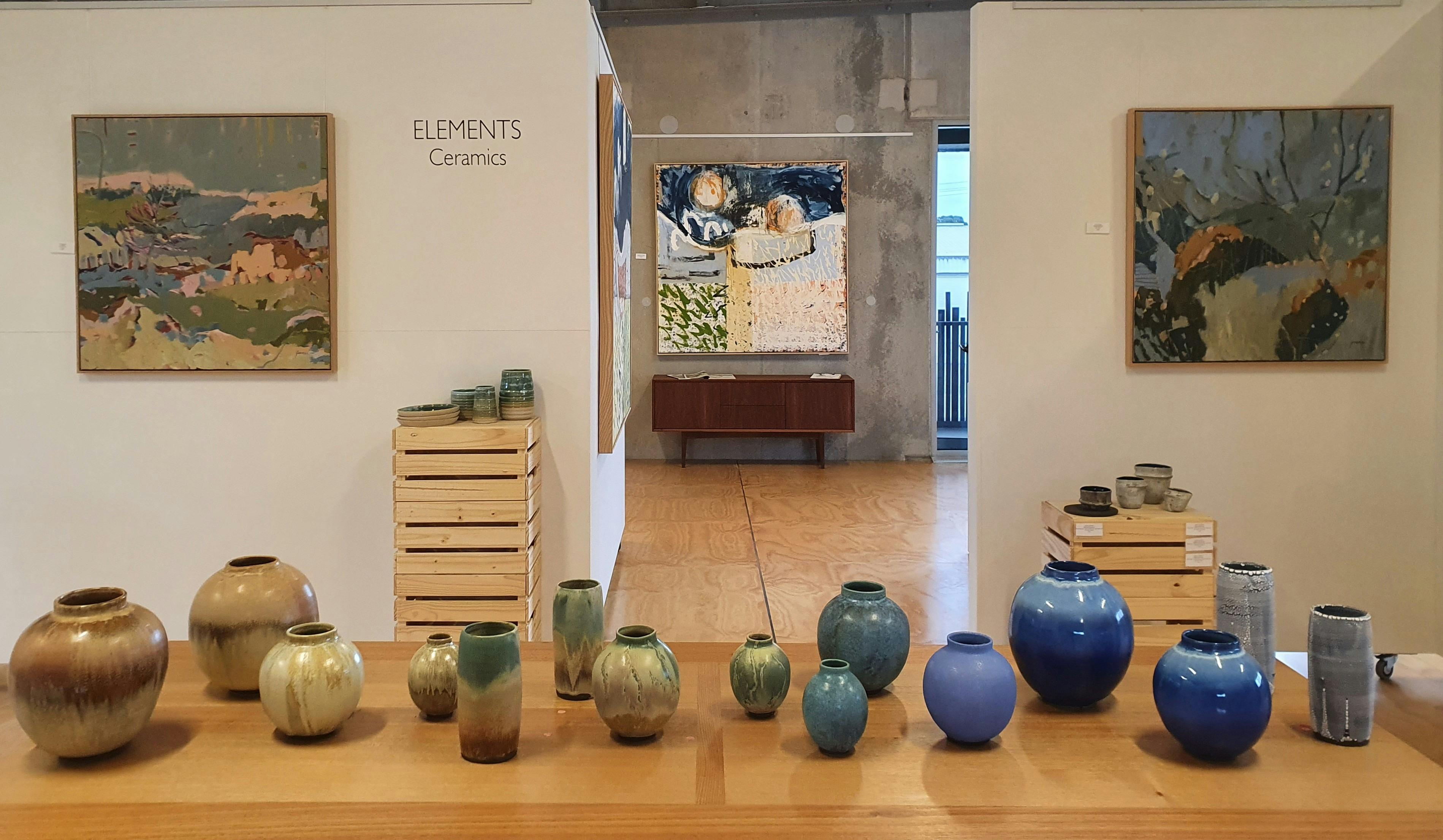 Bridget Foley Ceramics and Kate Gorman paintings in Elements Exhibition upstairs at Hive Gallery