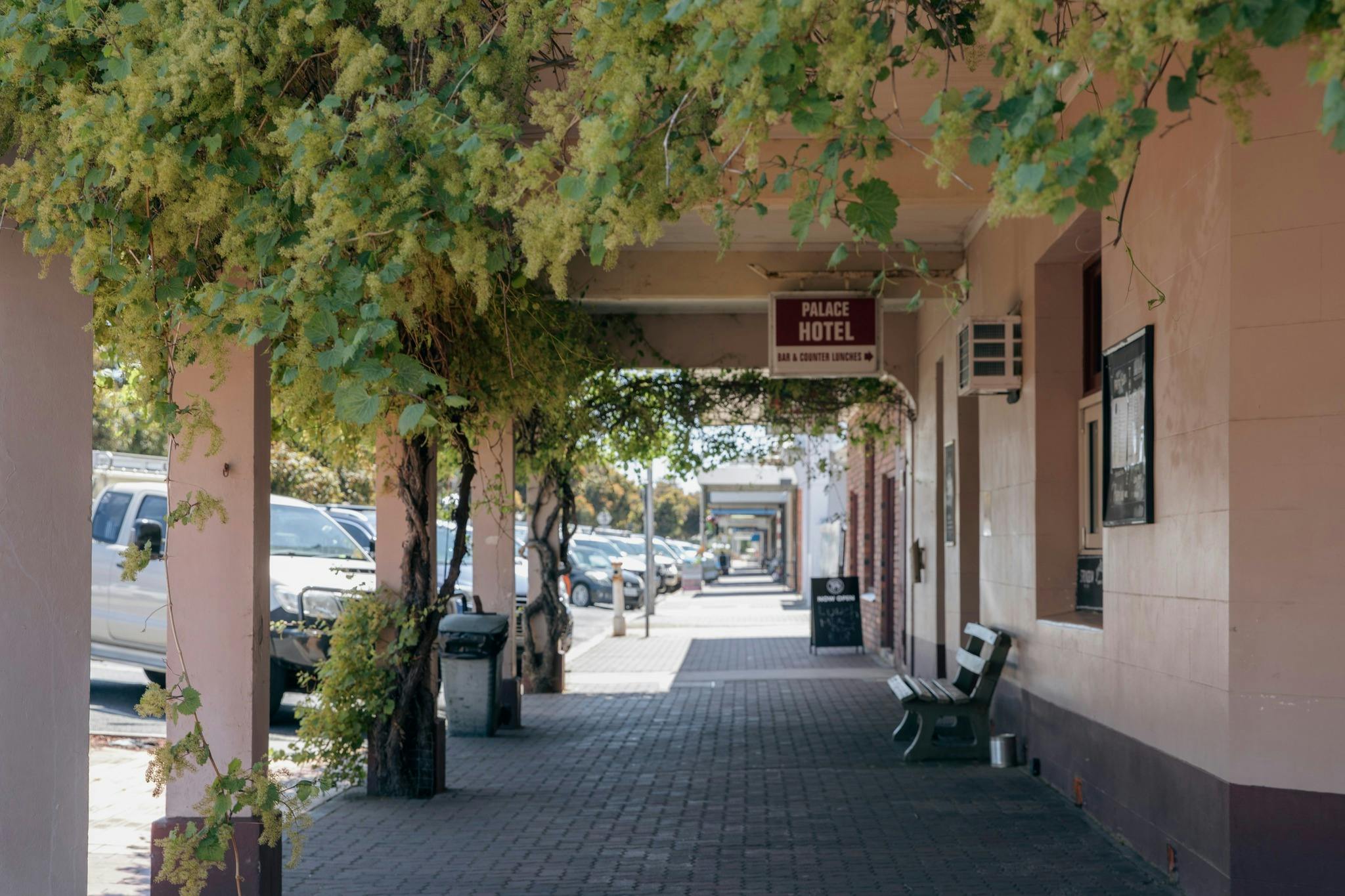 Image of a footpath in a country town under a vine covered verandah
