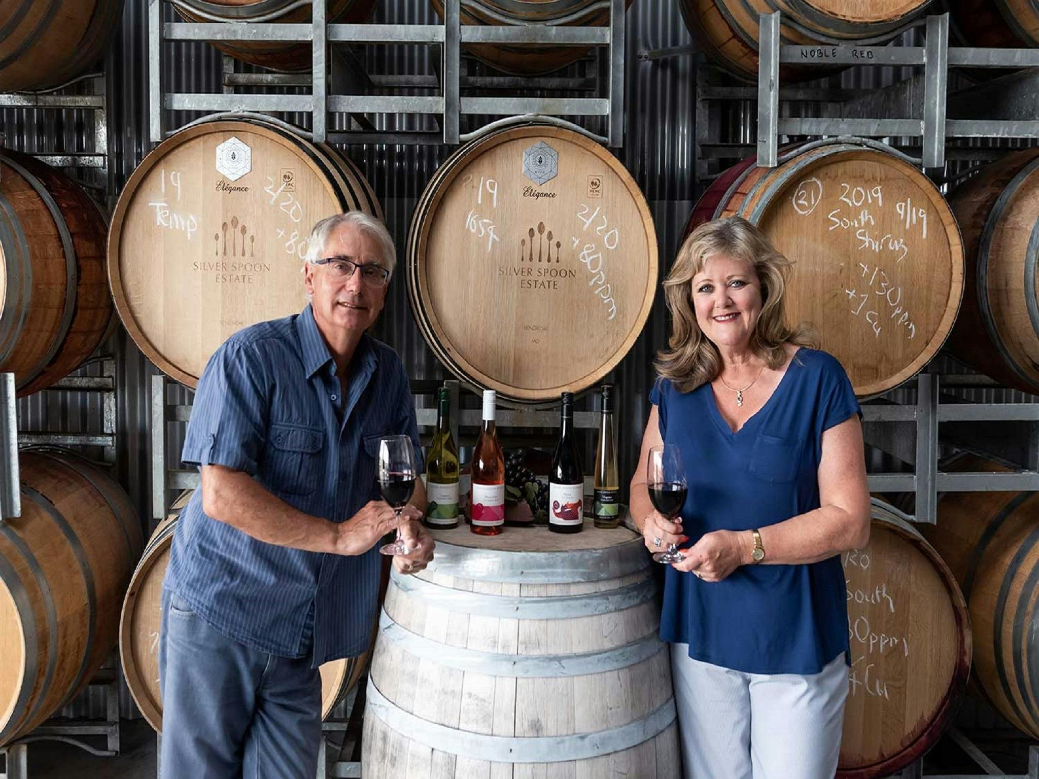 Silver Spoon Estate owners and wine makers Tracie and  Peter in the Cellar Door