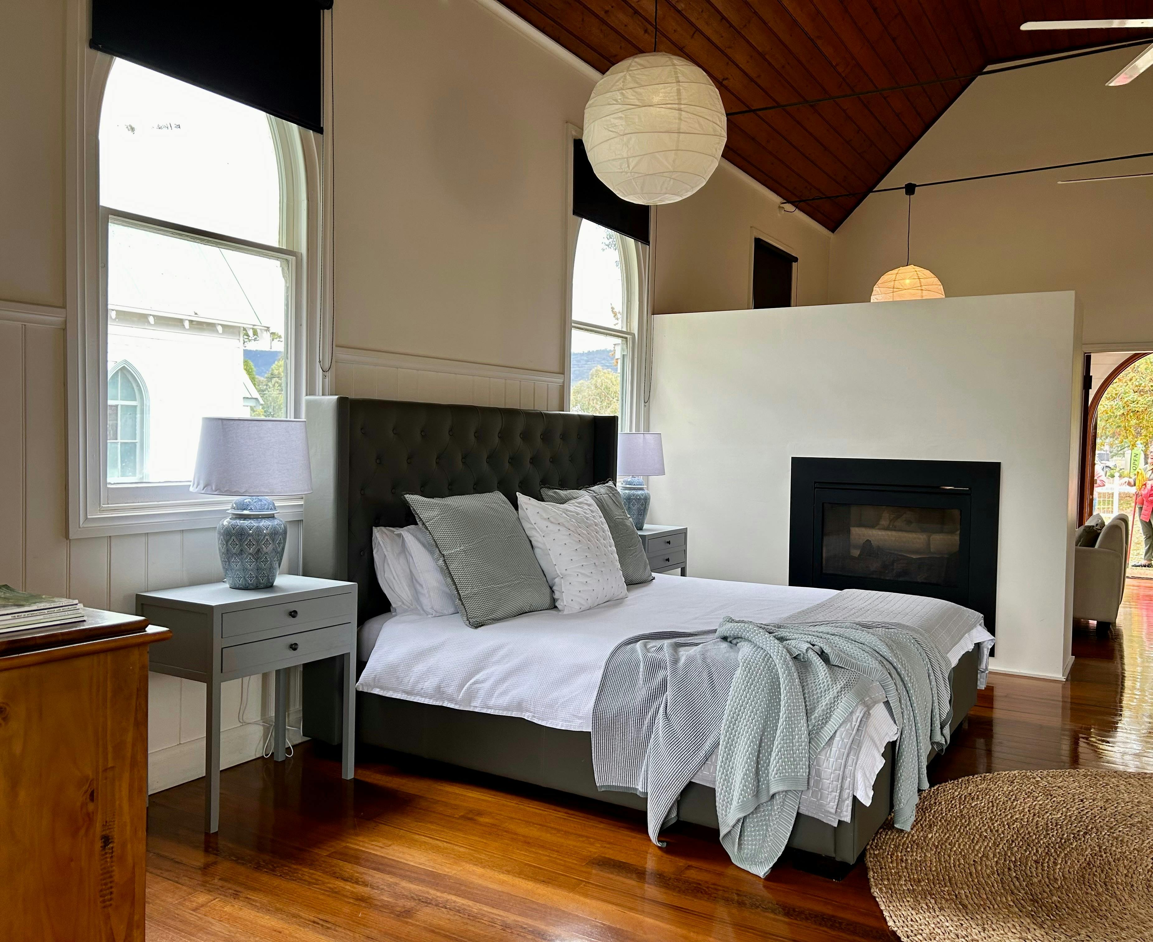 King size bed with gas log fire