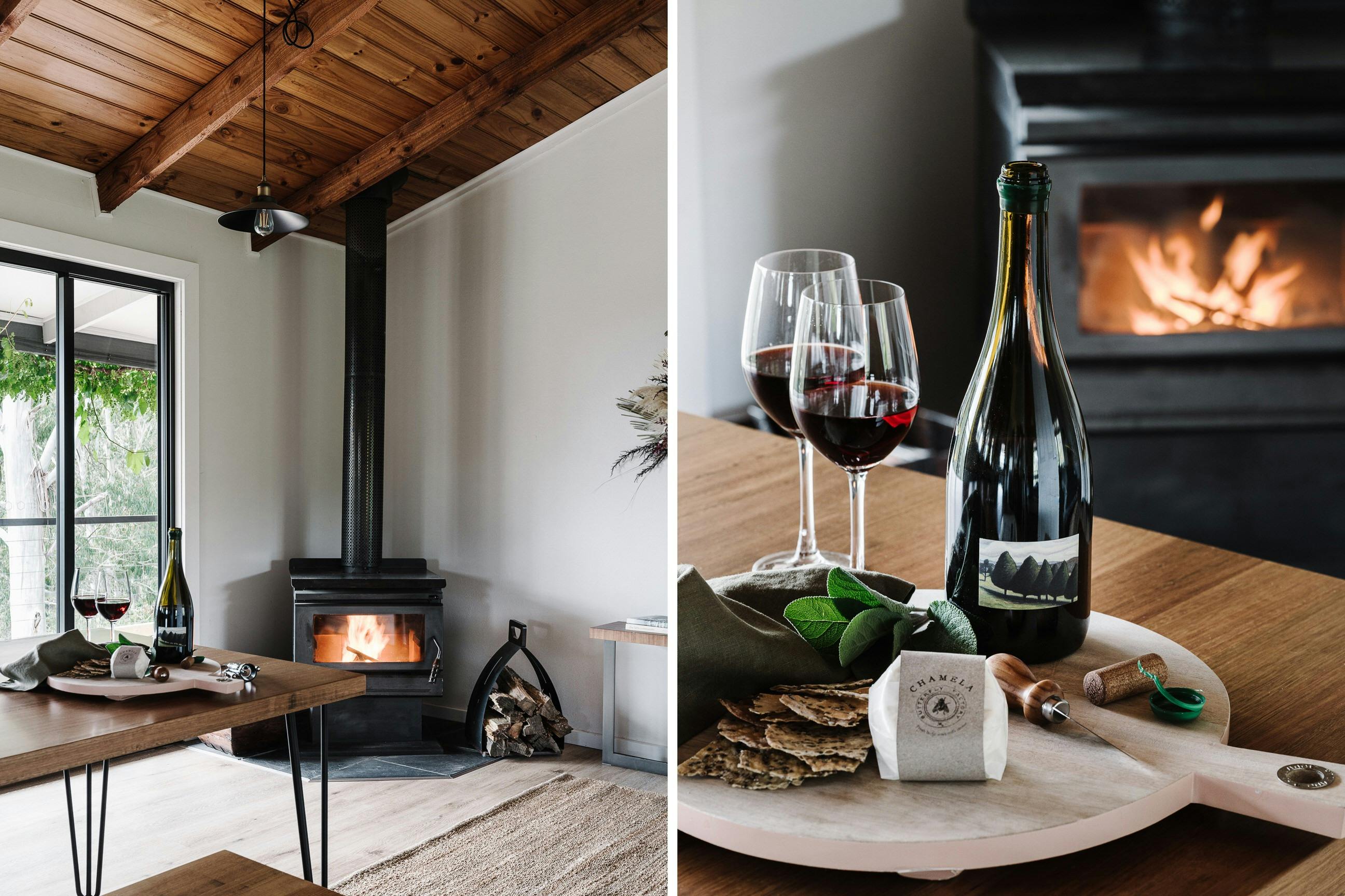 Woodfire keeps the dining and kitchen area warm. Perfect to enjoy local wines and cheese.